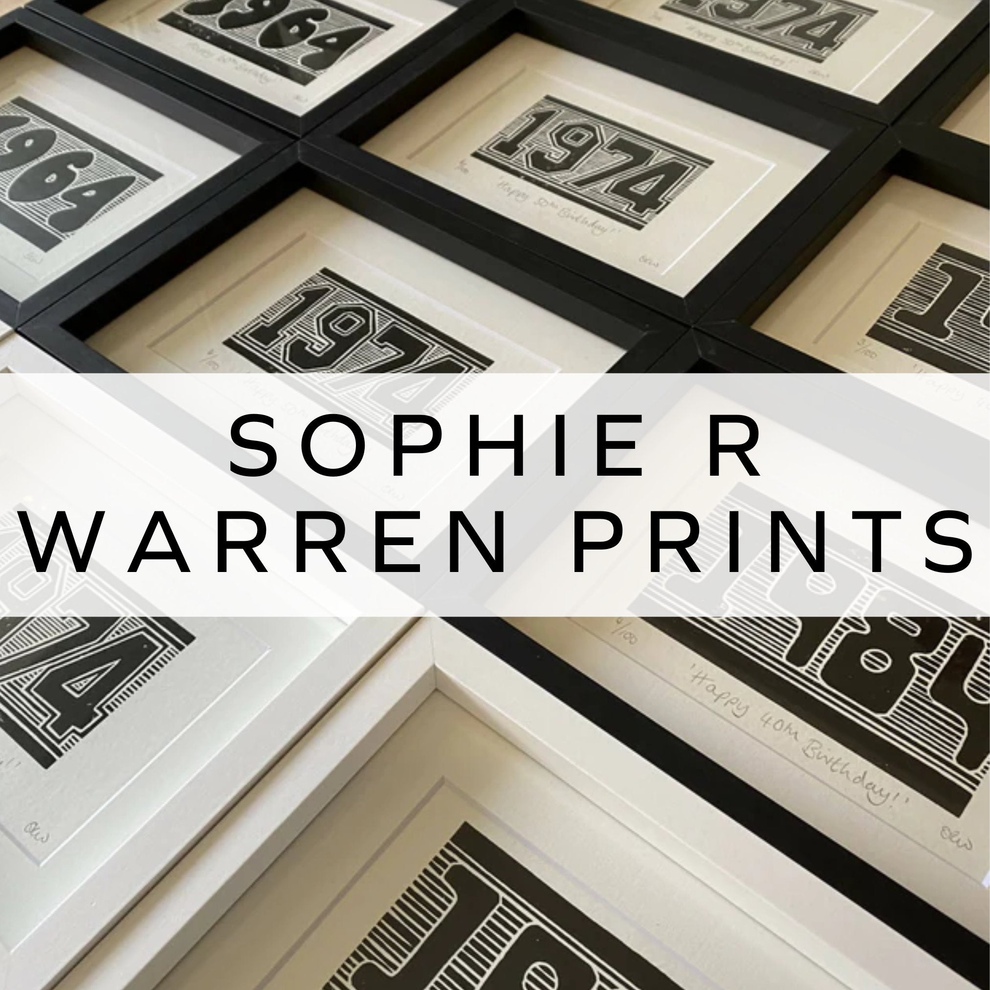 A collection of framed lino prints featuring typography from different decades, showcasing intricate designs and the evolution of lettering styles over time.