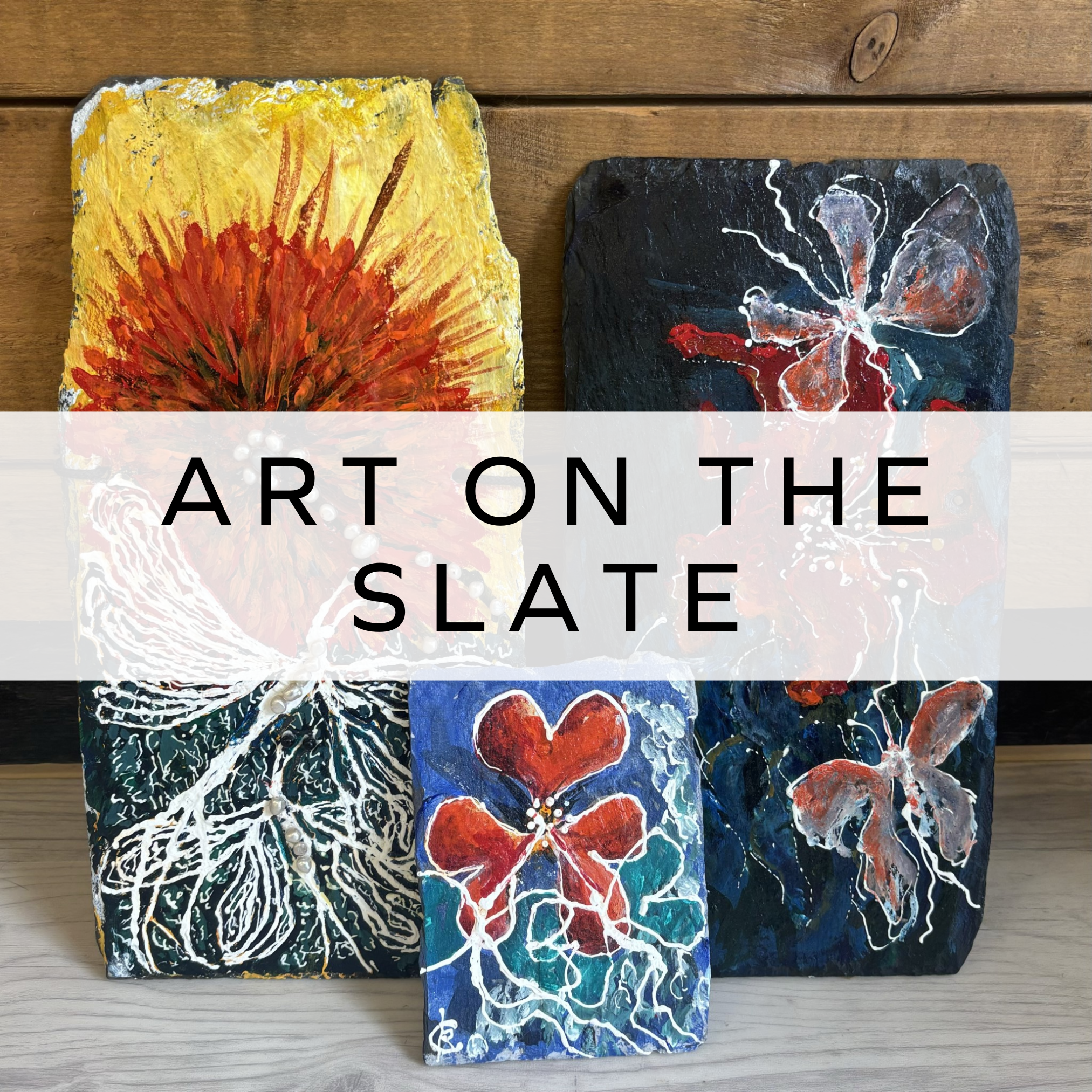 Three vibrantly painted slate art pieces featuring bold colors and intricate designs, showcasing unique handcrafted artwork on reclaimed roof slates.