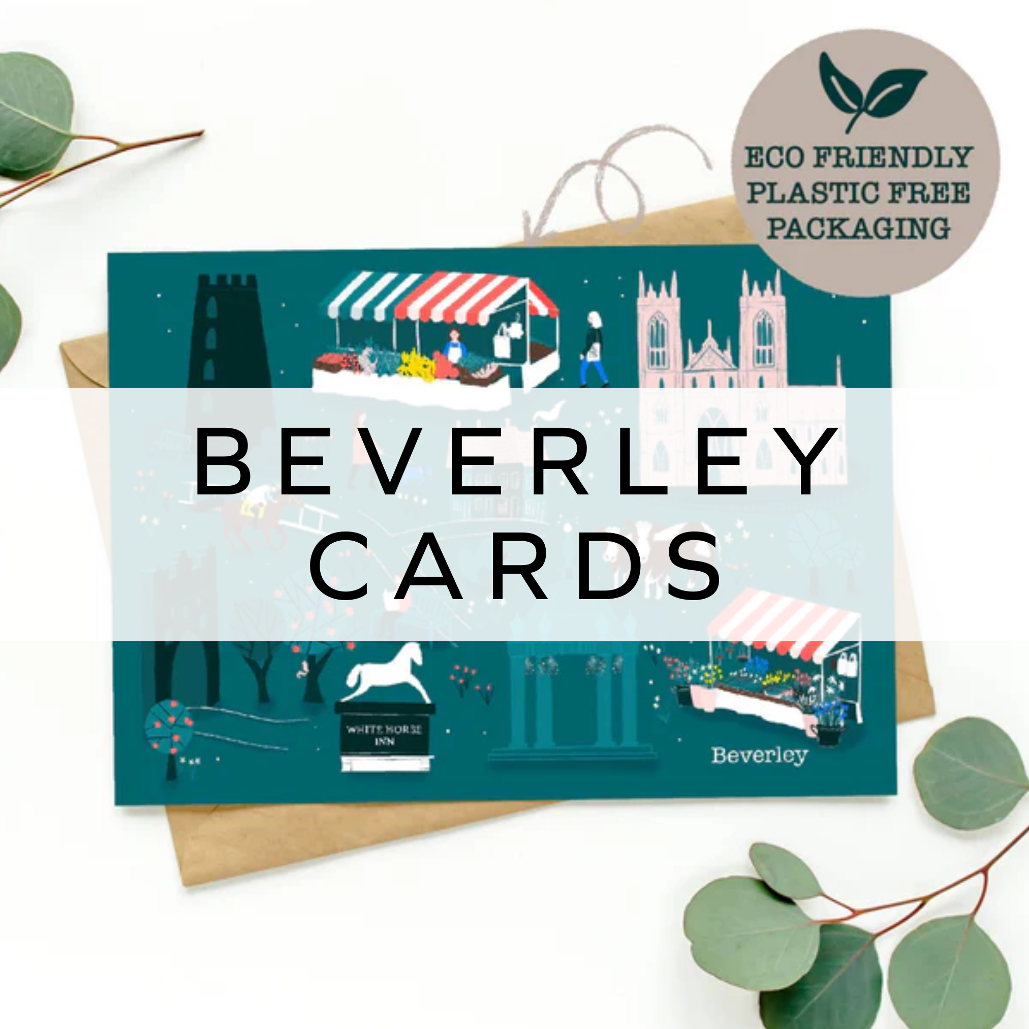 Greeting card featuring iconic landmarks of Beverley, showcasing the town's historic beauty.