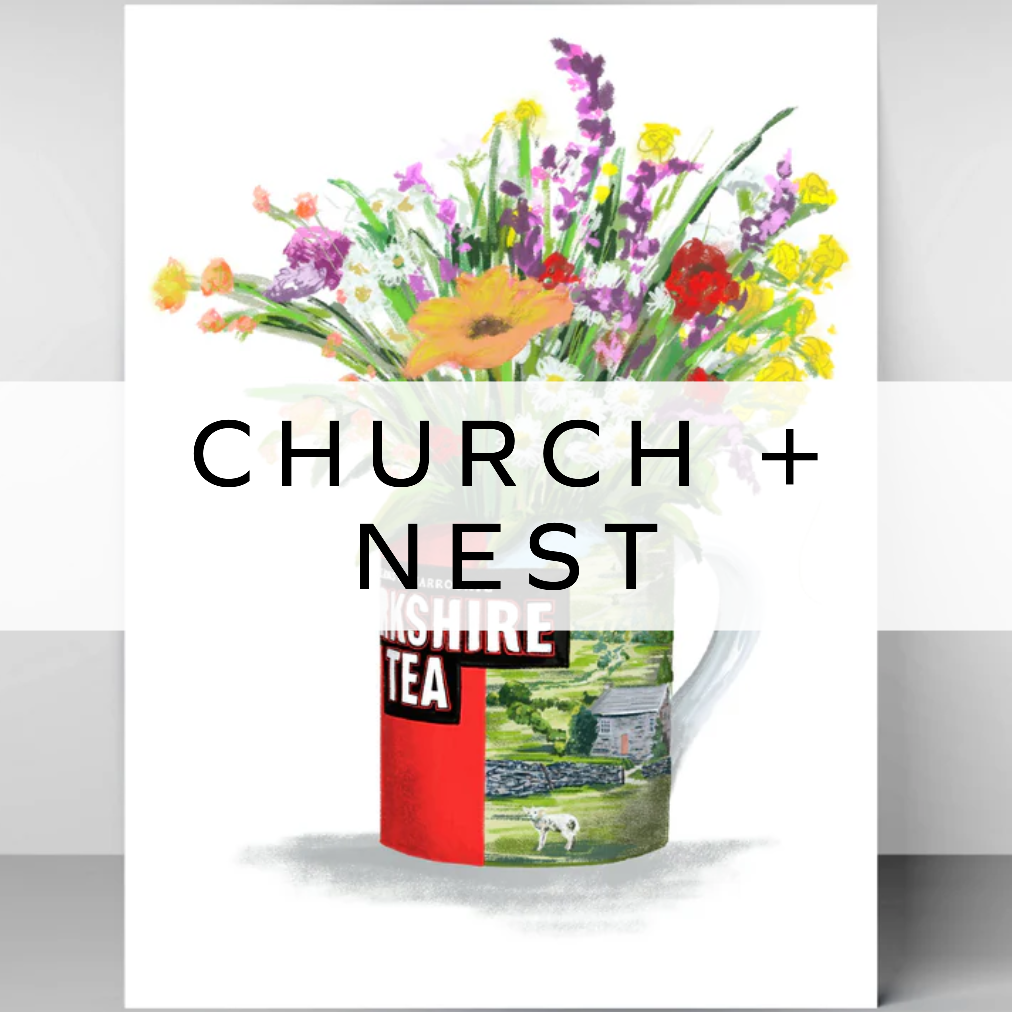 Art print of a Yorkshire Tea design mug filled with vibrant wildflowers, set against a clean white background, capturing the charm and beauty of nature.