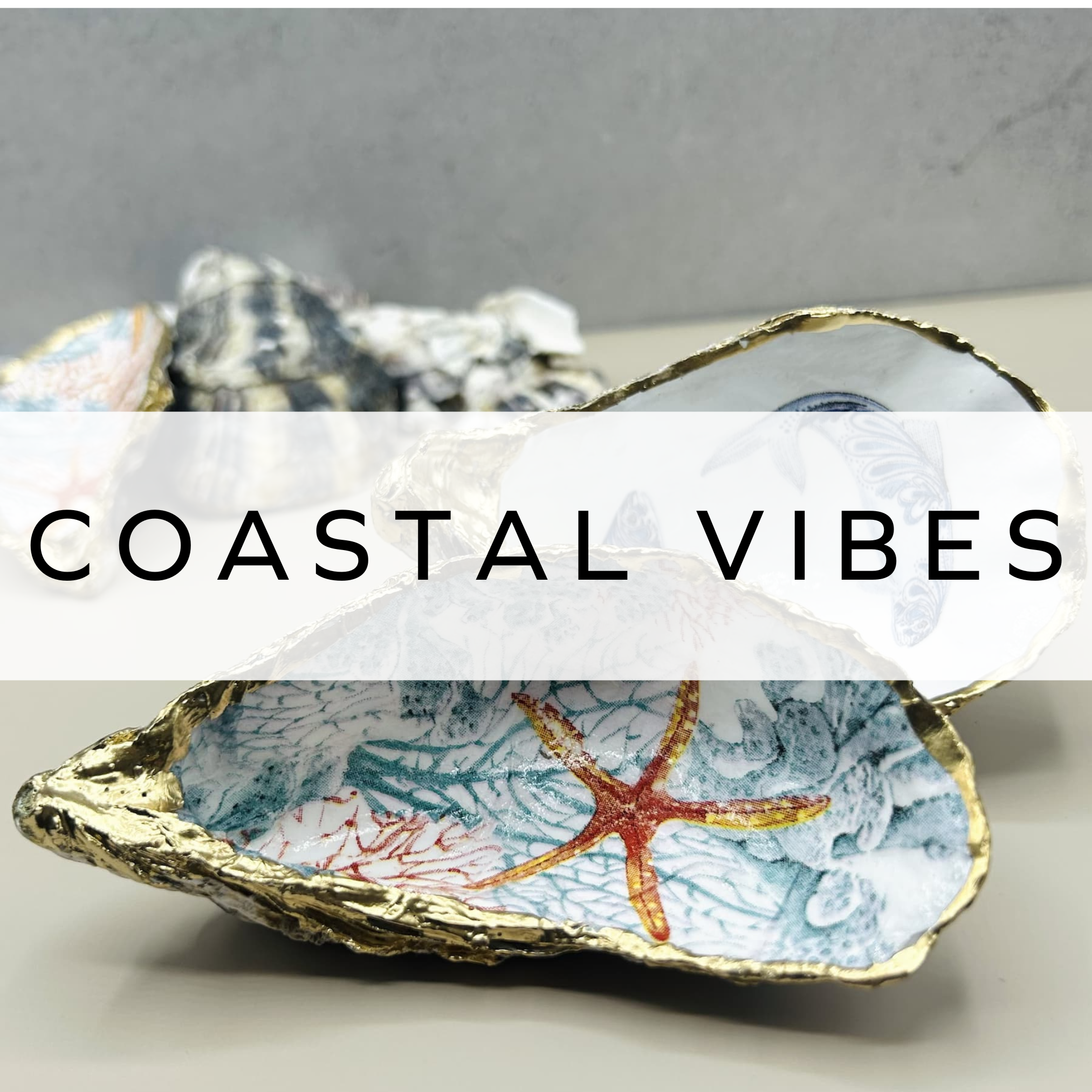 Painted shell with starfish and seaweed design.