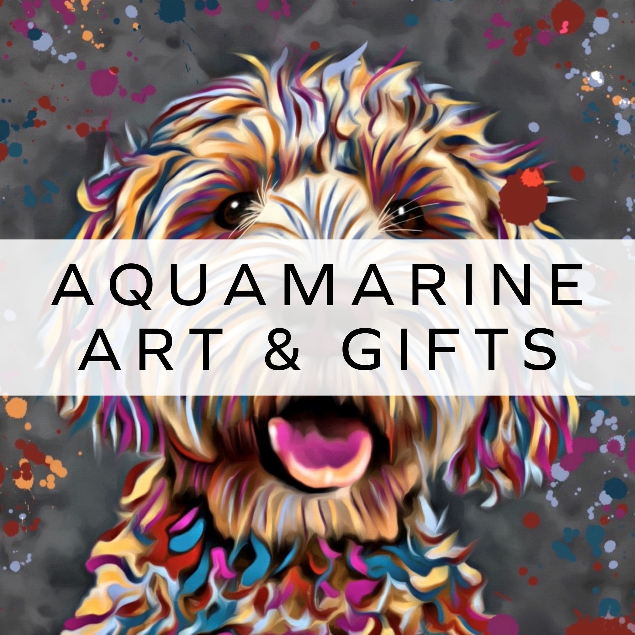 Digital art portrait of a Cockapoo in vibrant colors – unique and expressive animal artwork by Aquamarine Art & Gifts.