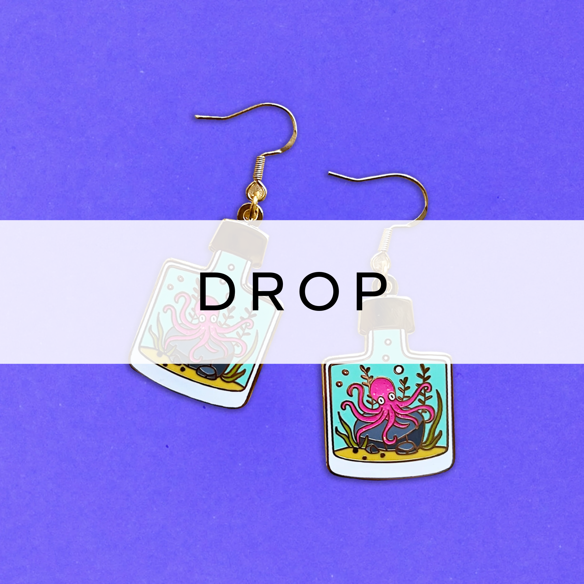 Drop earrings designed to look like glass bottles with a detailed octopus motif – quirky and artistic accessory.