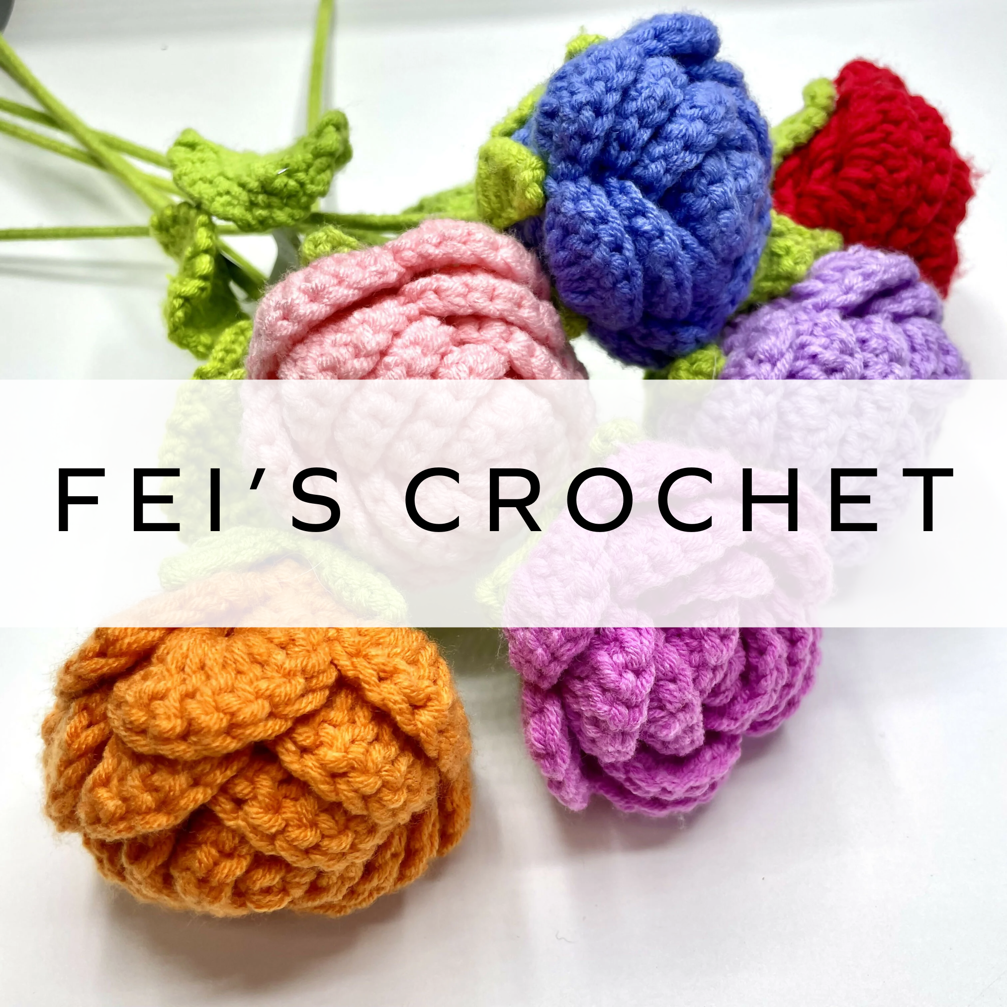 Handmade crochet roses in assorted pastel tones, arranged in a soft, elegant display.