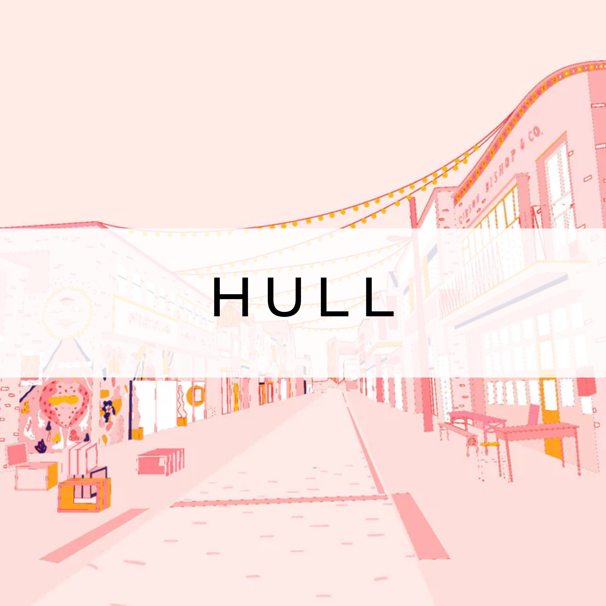 A vibrant, all-pink design of Humber Street in Hull, showcasing the iconic street with its colorful buildings and lively atmosphere in a playful, artistic style.