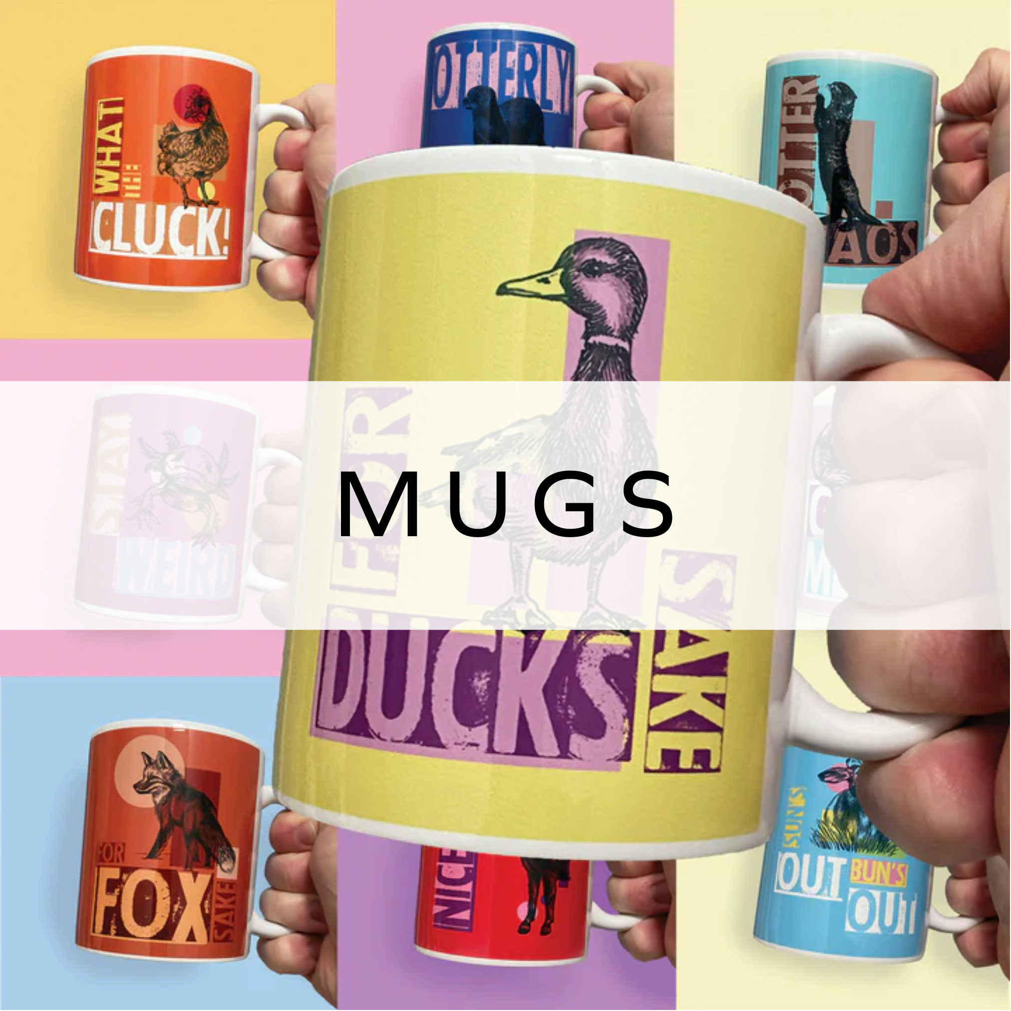 Multicoloured mugs featuring animal puns, adding fun and personality to your kitchen.