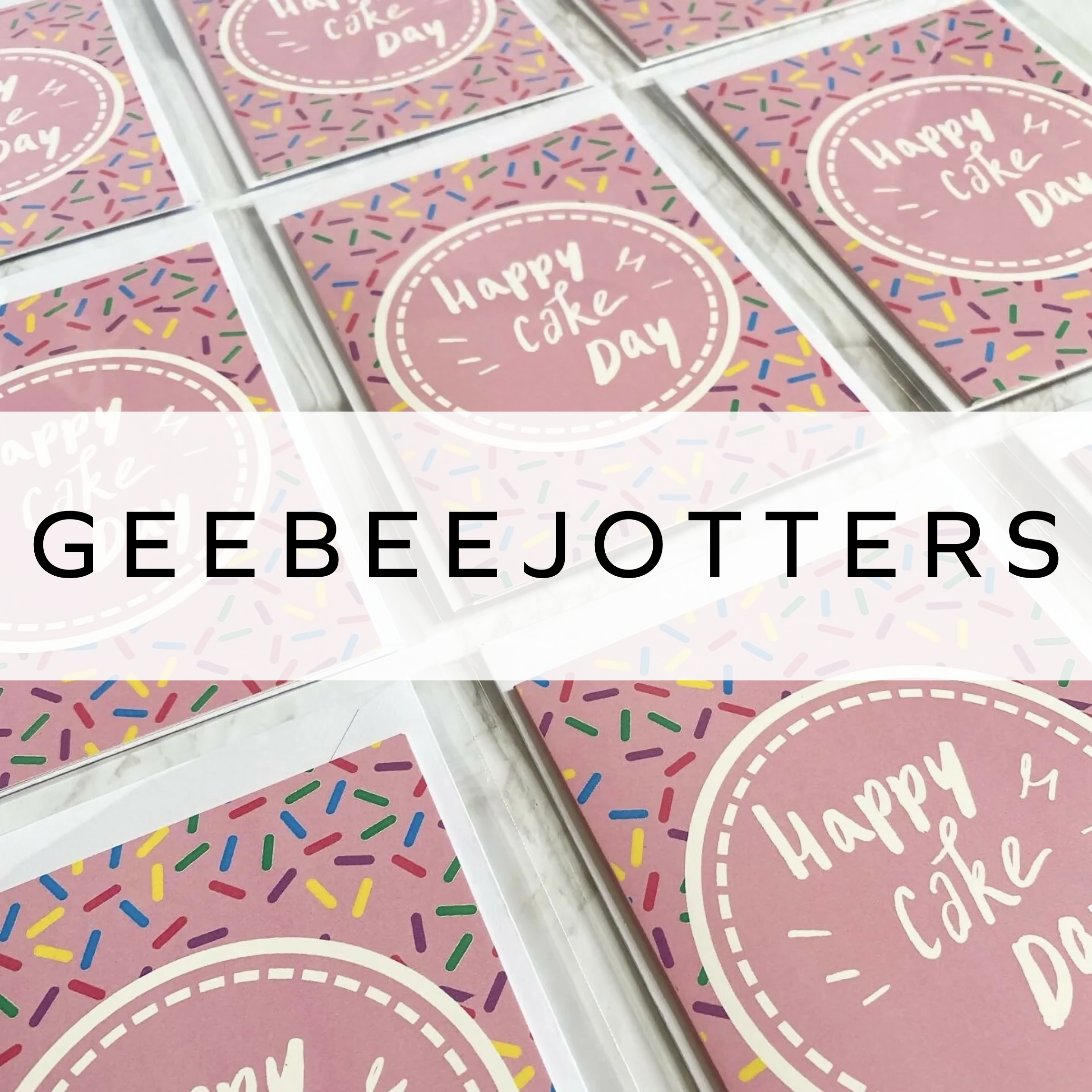 Pink greeting cards with rainbow sprinkles and "Happy Cake Day" text in the centre, featuring a fun and cheerful design perfect for celebrating special occasions.