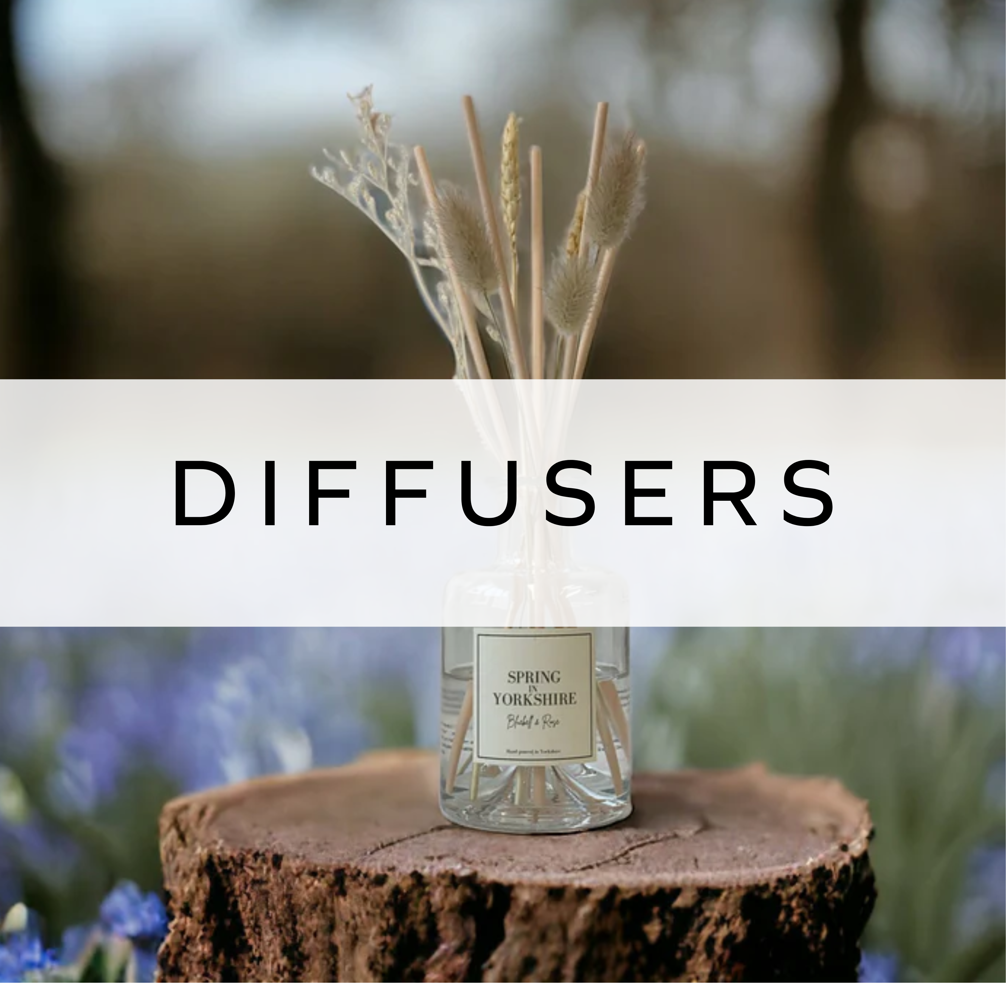 Reed diffuser displayed on a log, adding a natural touch to home décor.