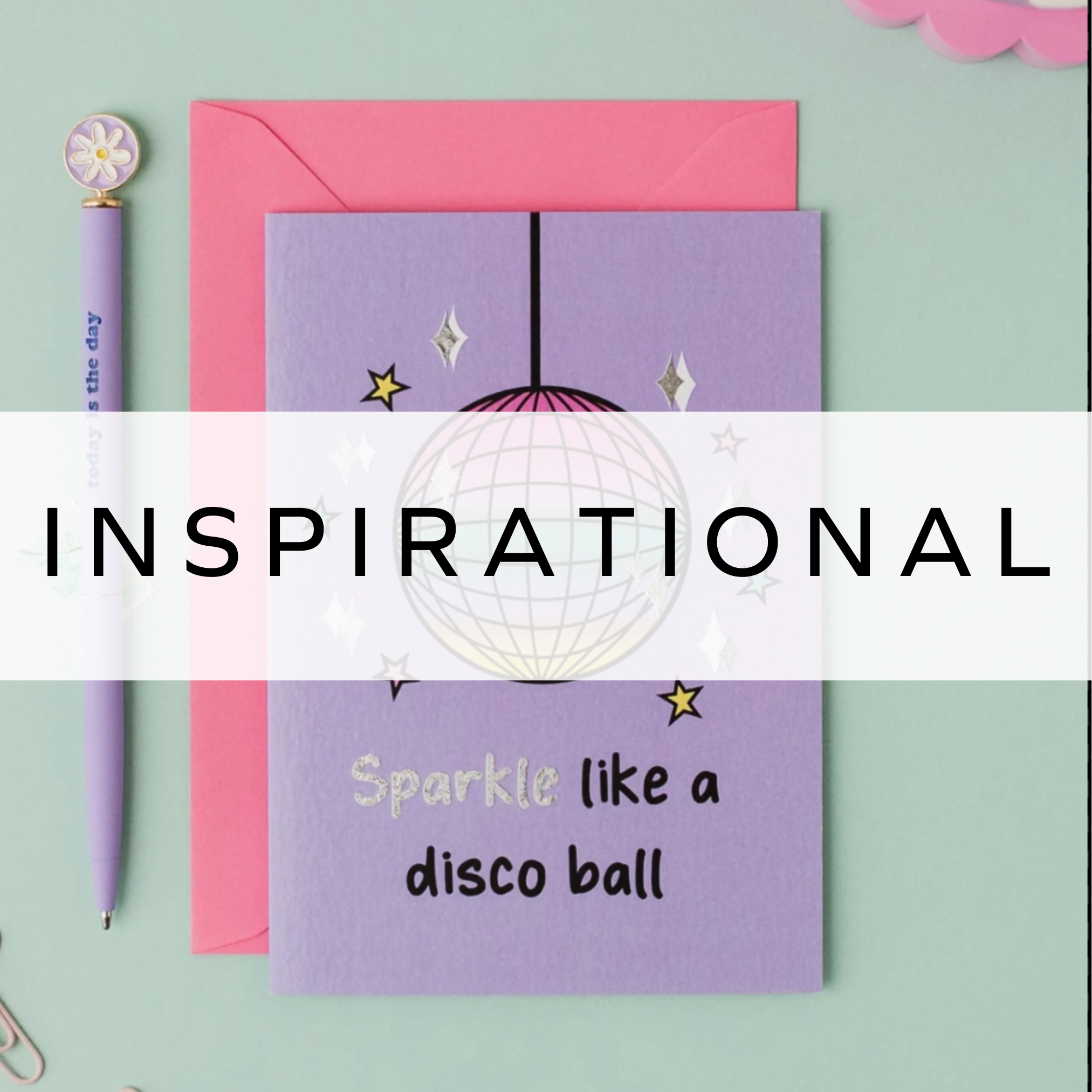 Purple greetings card with disco ball and quote on.