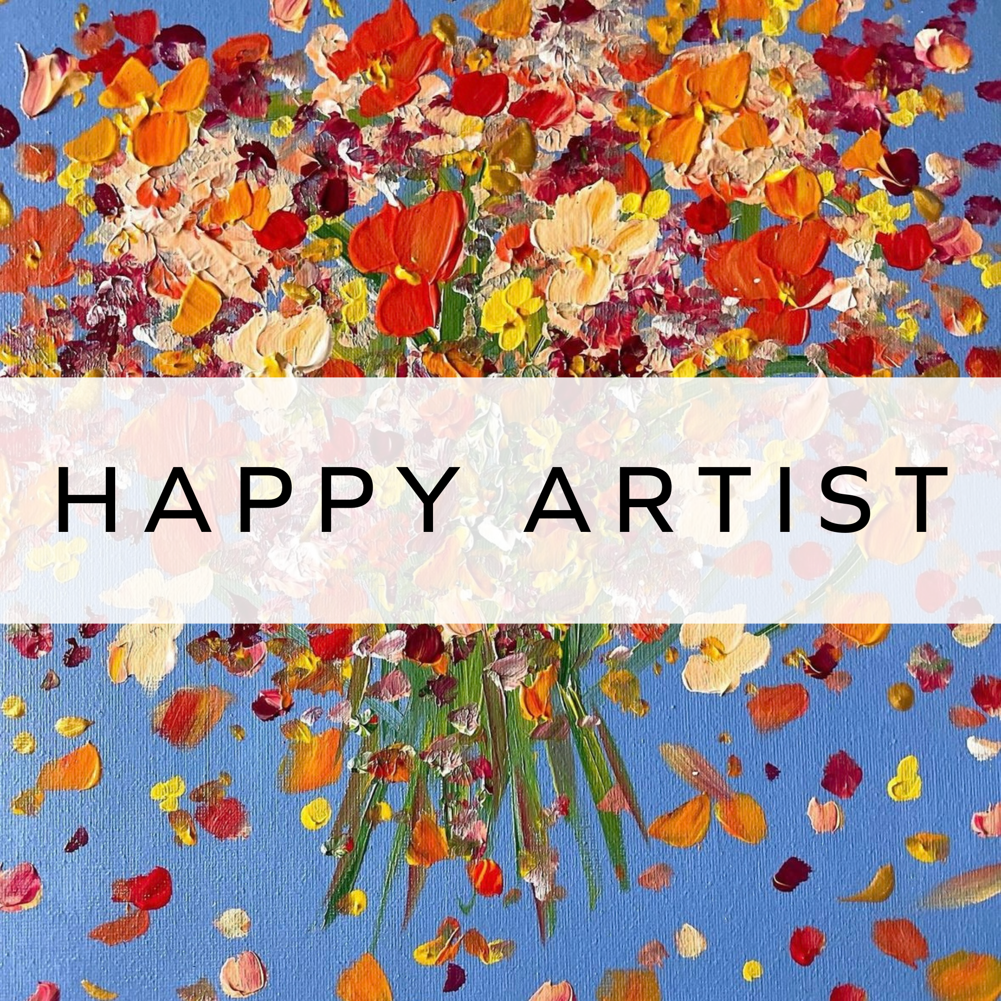 Acrylic painting of a brightly coloured abstract bouquet of flowers on a vibrant blue background, featuring bold brushstrokes and a joyful, expressive design.