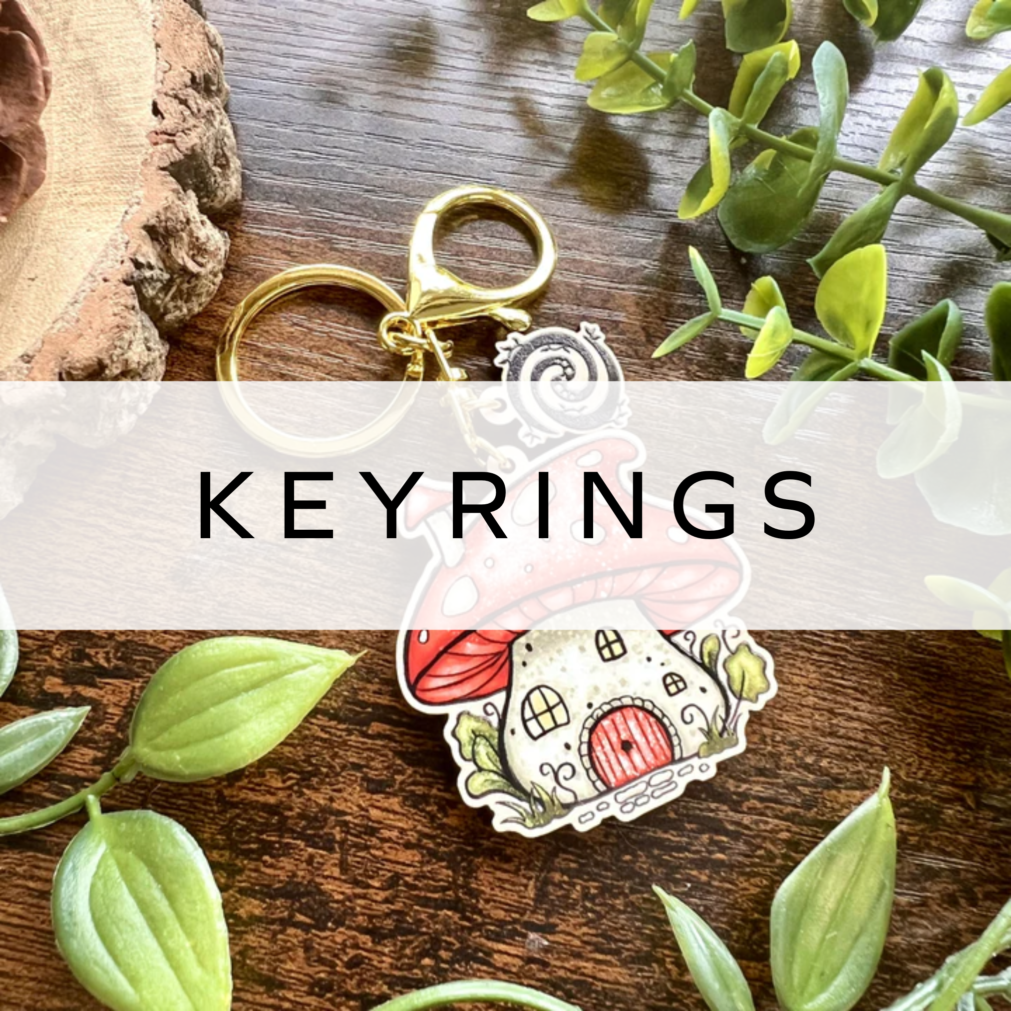 Wooden keyring featuring a whimsical toadstool house design, perfect for adding a charming touch to your keys or bag.