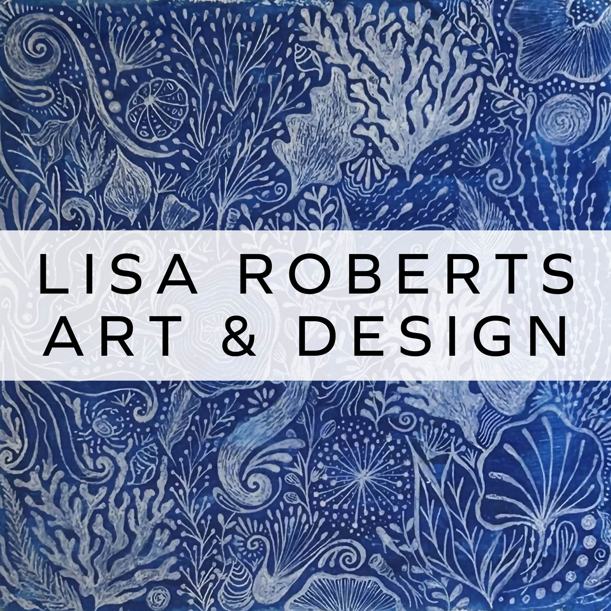 Hand-drawn artwork on blue paper with white pen, featuring intricate underwater details of corals, showcasing delicate lines and organic marine-inspired patterns.