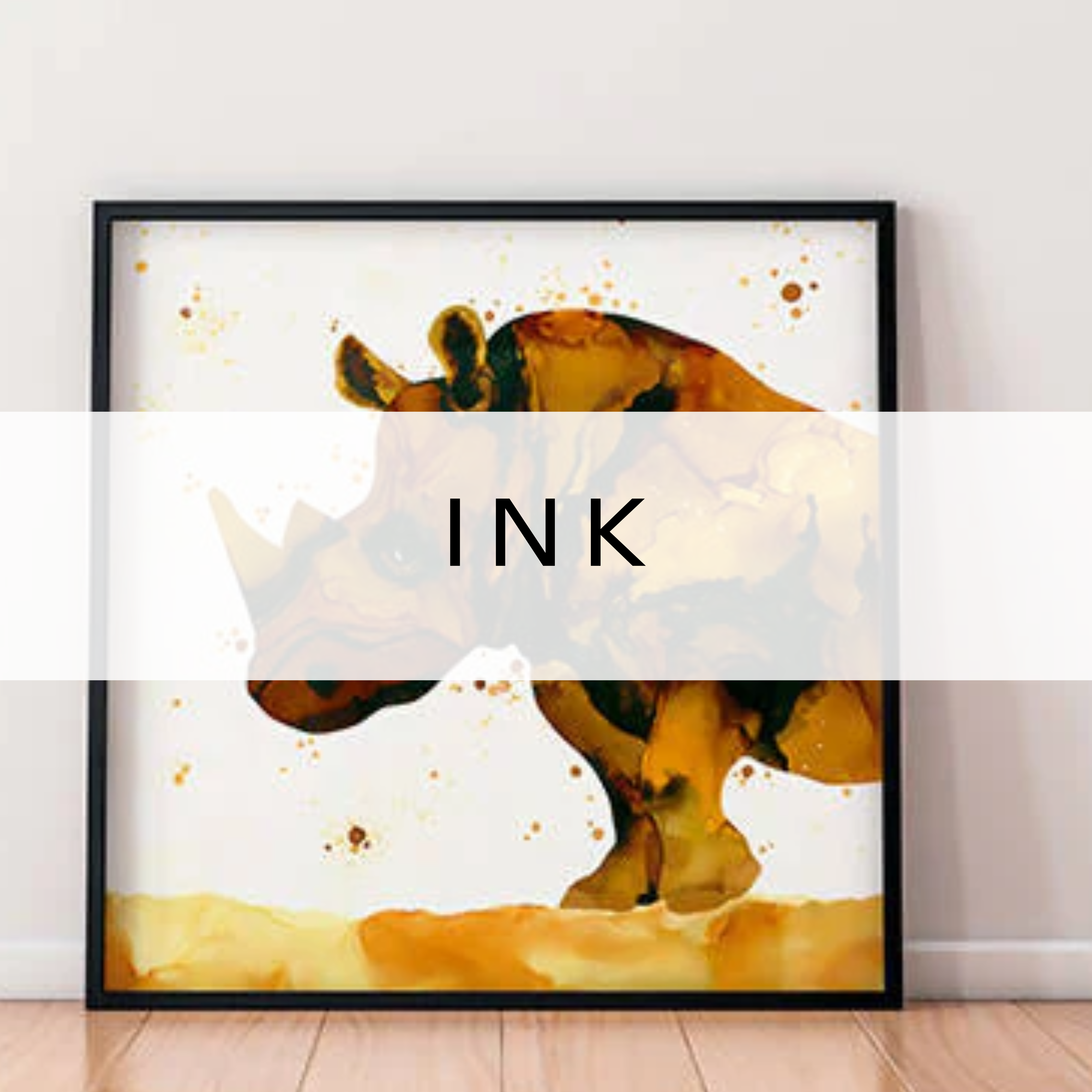 Original ink painting of a rhino, featuring fine line work and detailed shading to highlight the strength and character of this majestic animal.