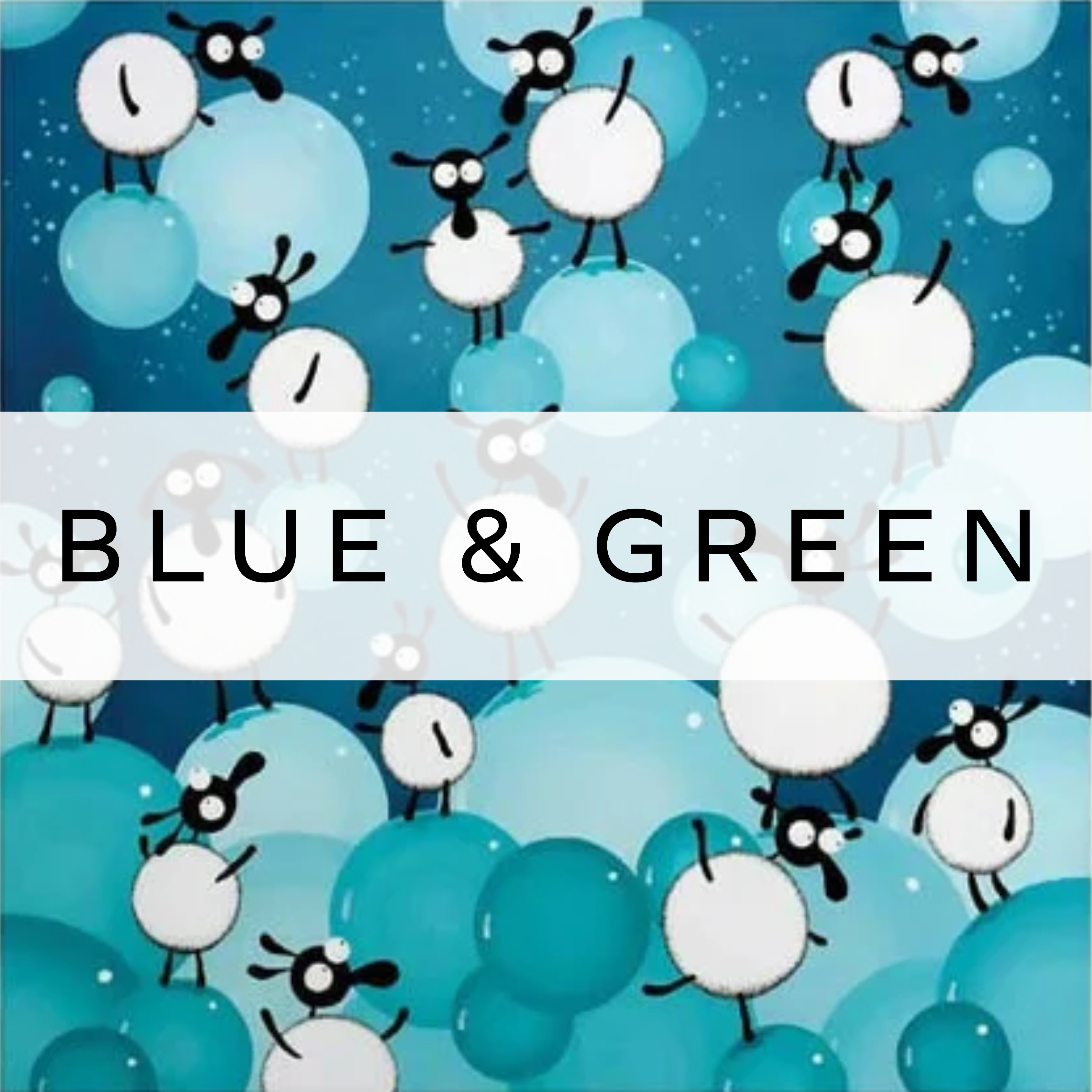 Illustrated print featuring sheep surrounded by blue, bubble-like balls.