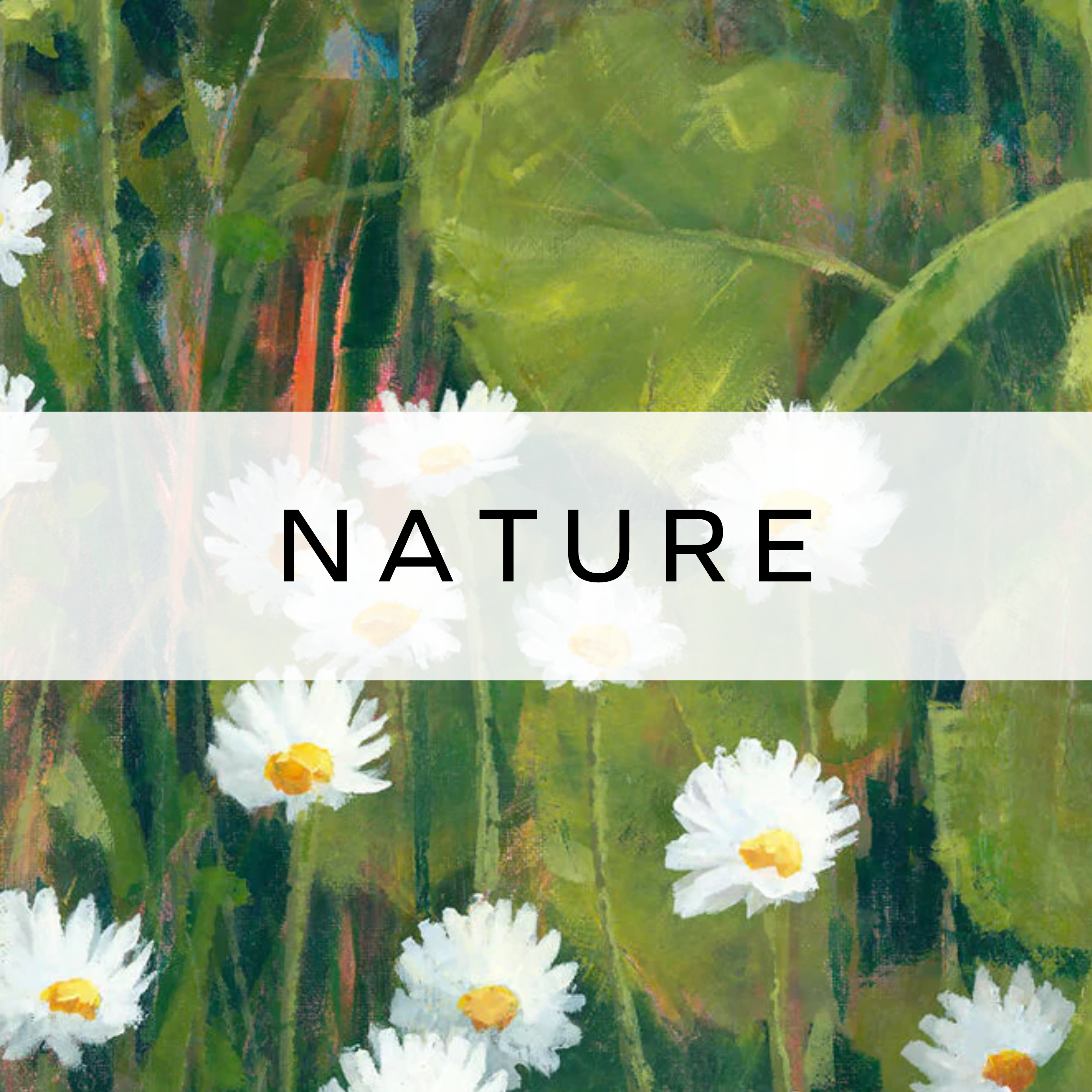 Illustrated print featuring green leaves and white daisies on a light background.