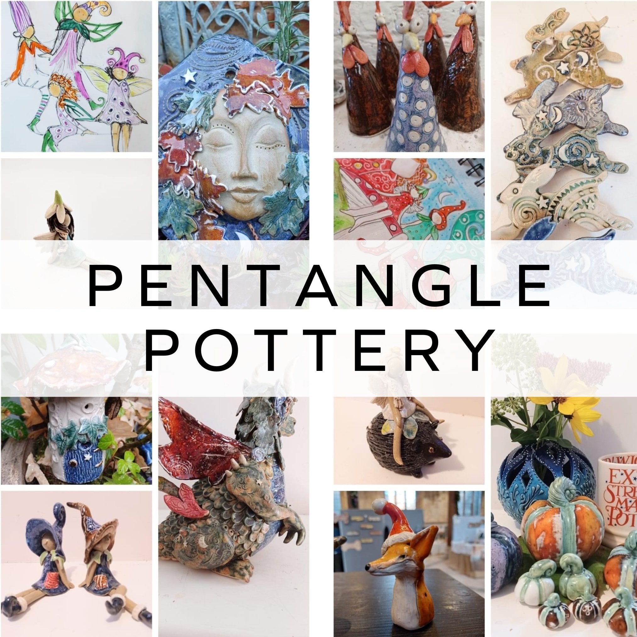 A collage of mythical stoneware ceramics, featuring hand-built fantasy figures and plaques, showcasing intricate designs inspired by myth and magic.