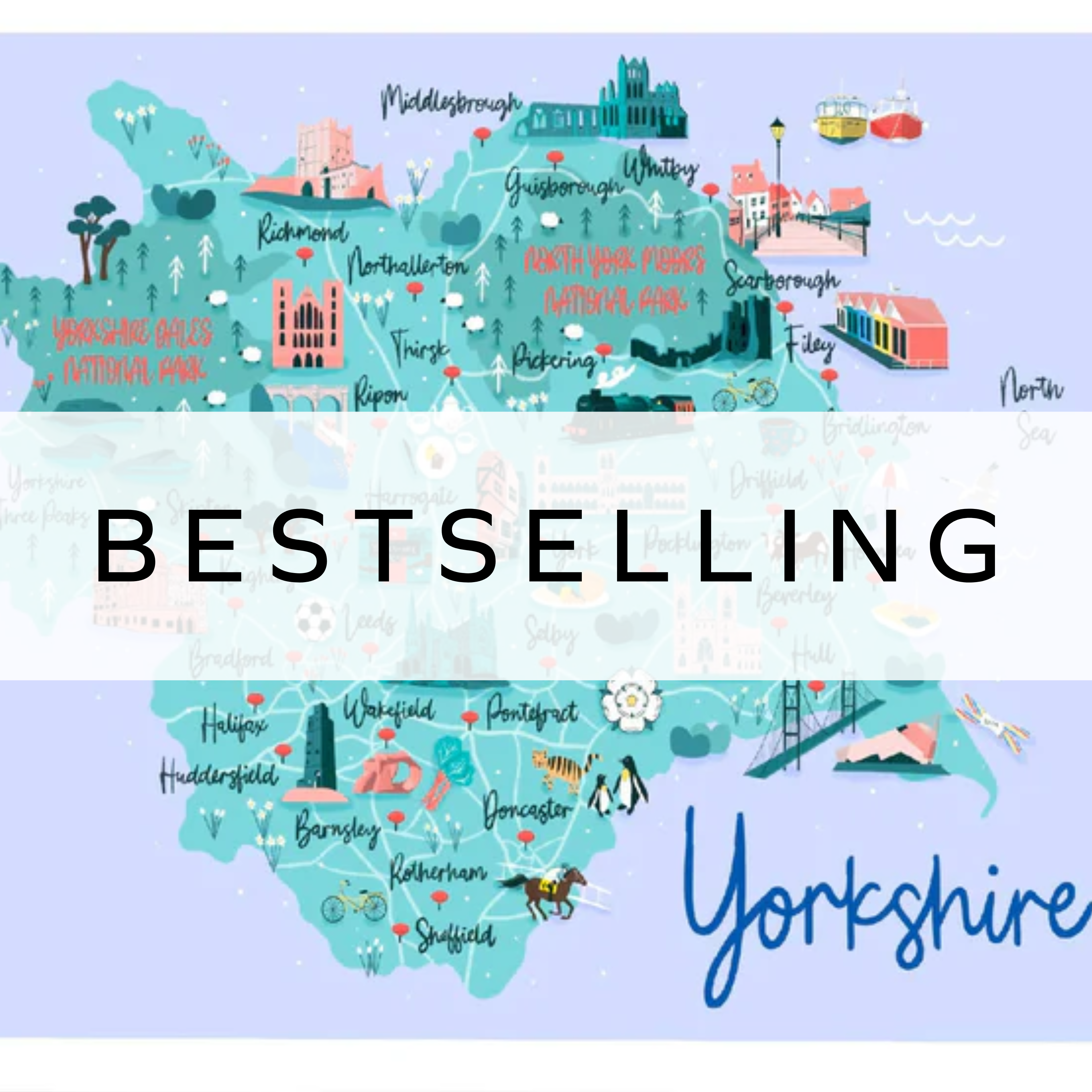 Illustrated map of Yorkshire featuring key landmarks and iconic locations.