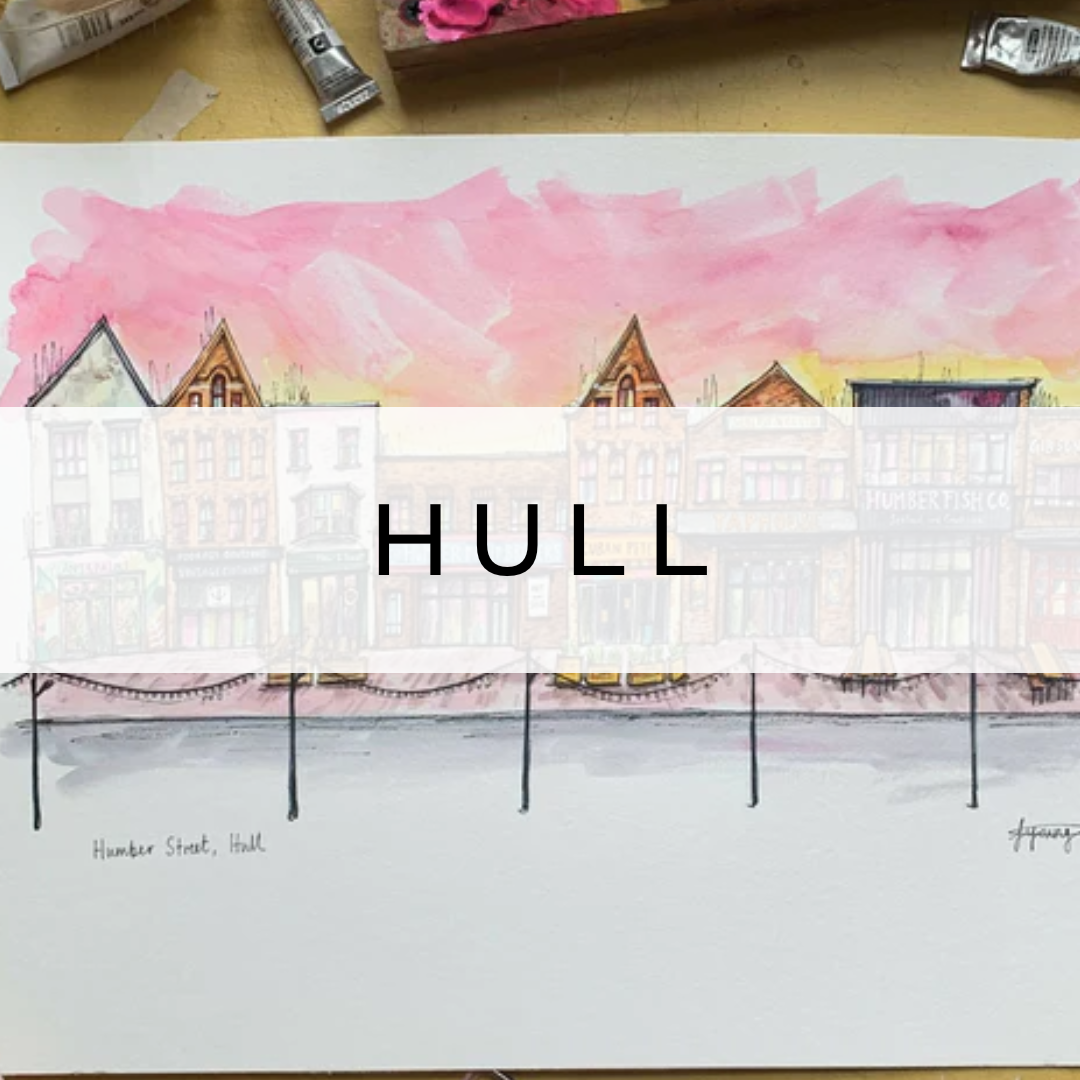 Illustrated print of a street in Hull, showcasing historic buildings and local charm with artistic detail and character.