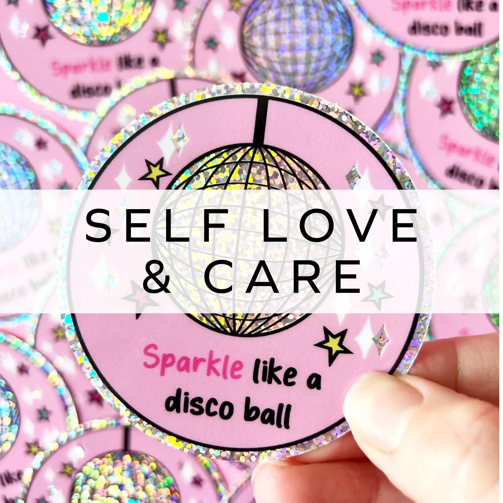 A vibrant glitterball sticker featuring a sparkling disco ball design, perfect for adding a fun and festive touch to your belongings.