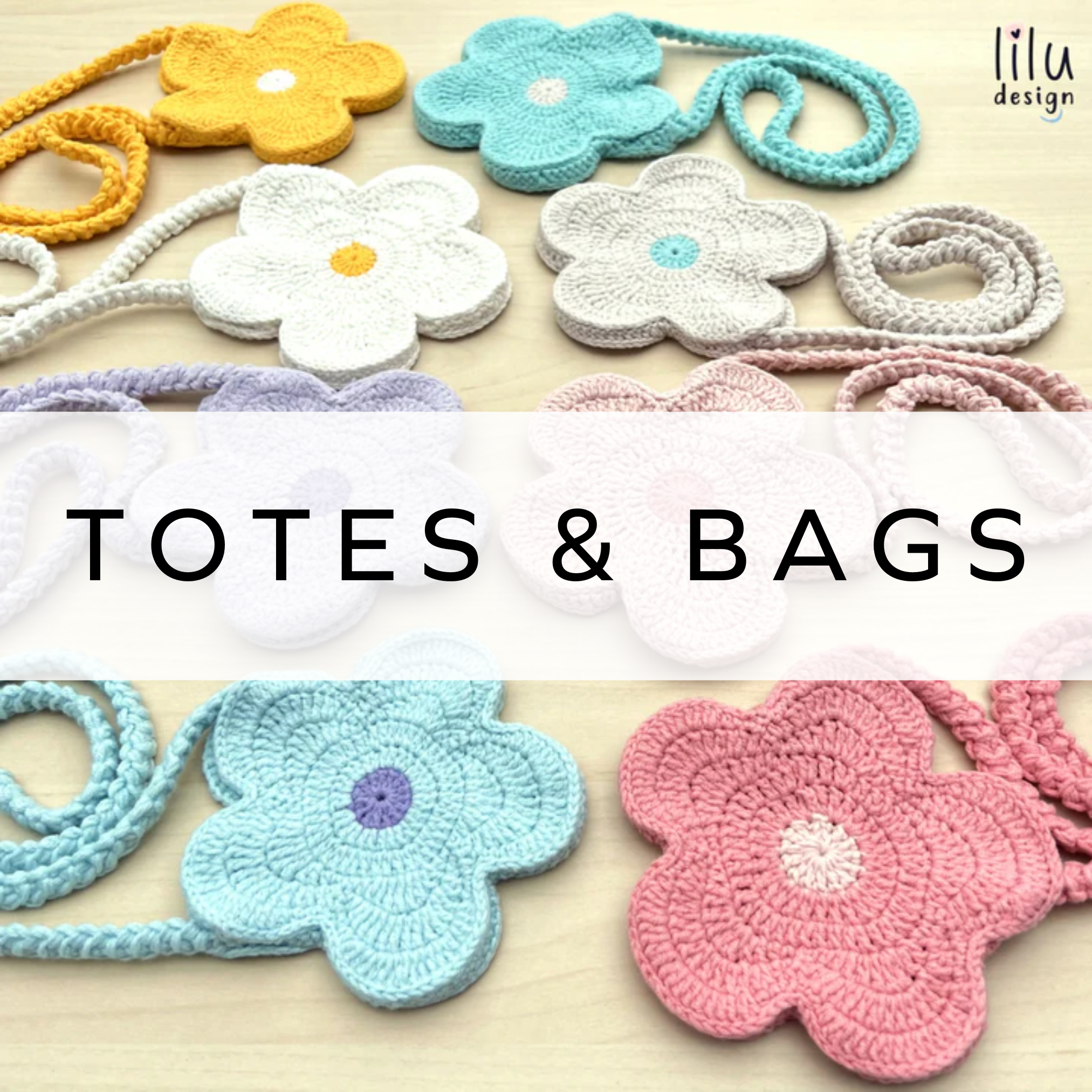 Crochet flower-shaped bags in soft pastel colours, featuring delicate handmade details and a whimsical, charming design perfect for spring and summer styling.