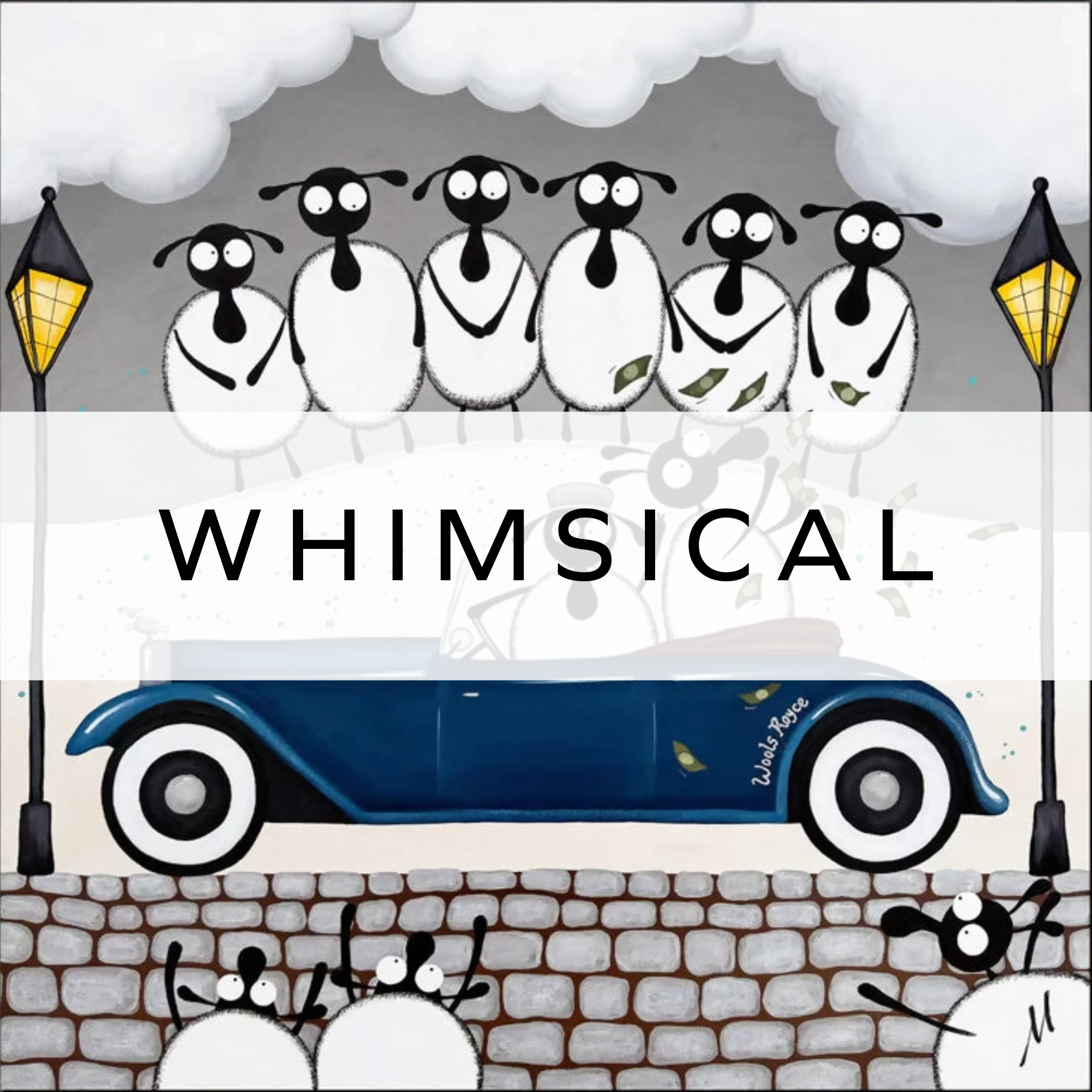 Original painting of sheep inside a car, featuring a whimsical and playful scene with vibrant colours and creative, humorous details.