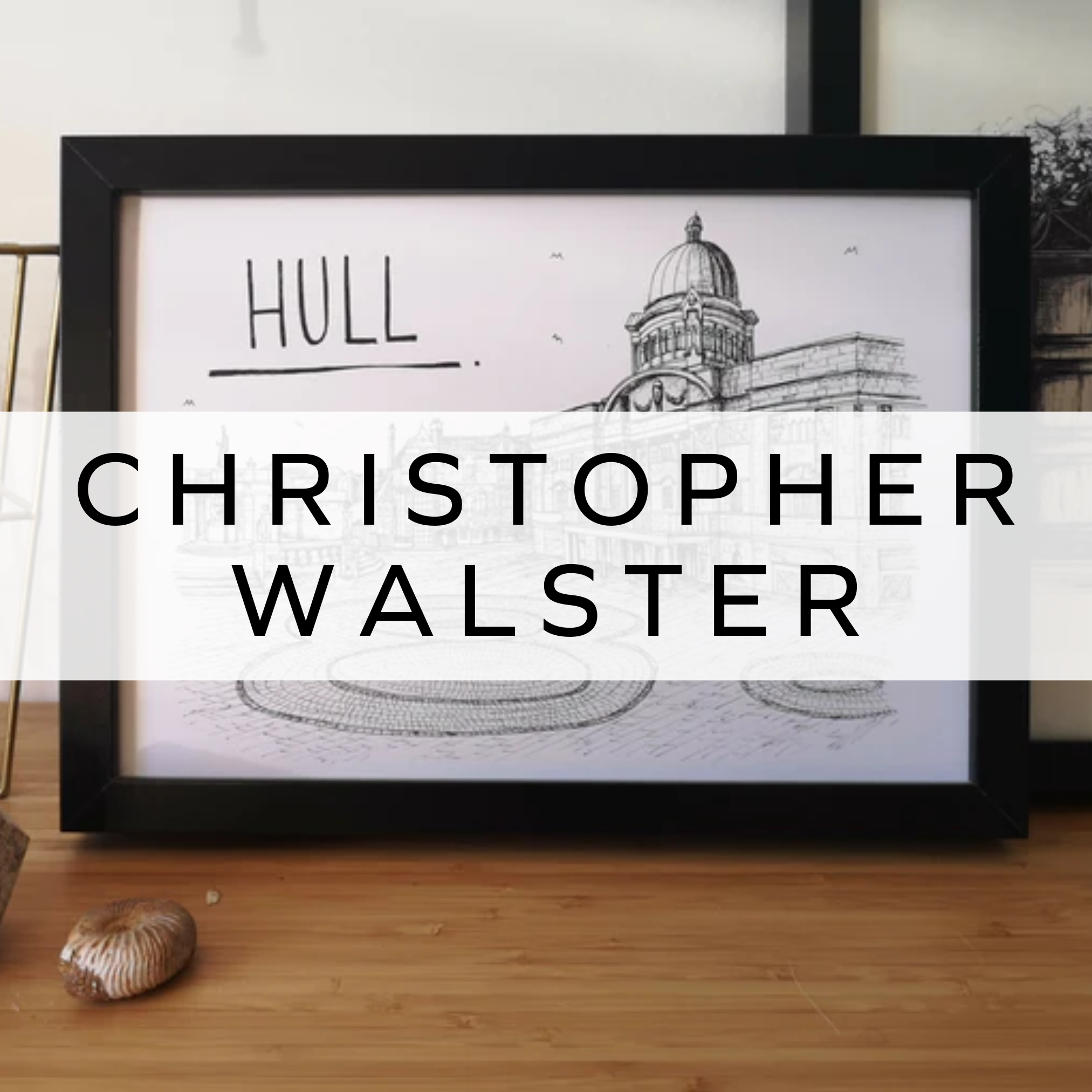 Black-and-white illustration of Hull City Hall with the word "Hull" in the top left corner, displayed in a sleek black frame, capturing the city’s iconic landmark.