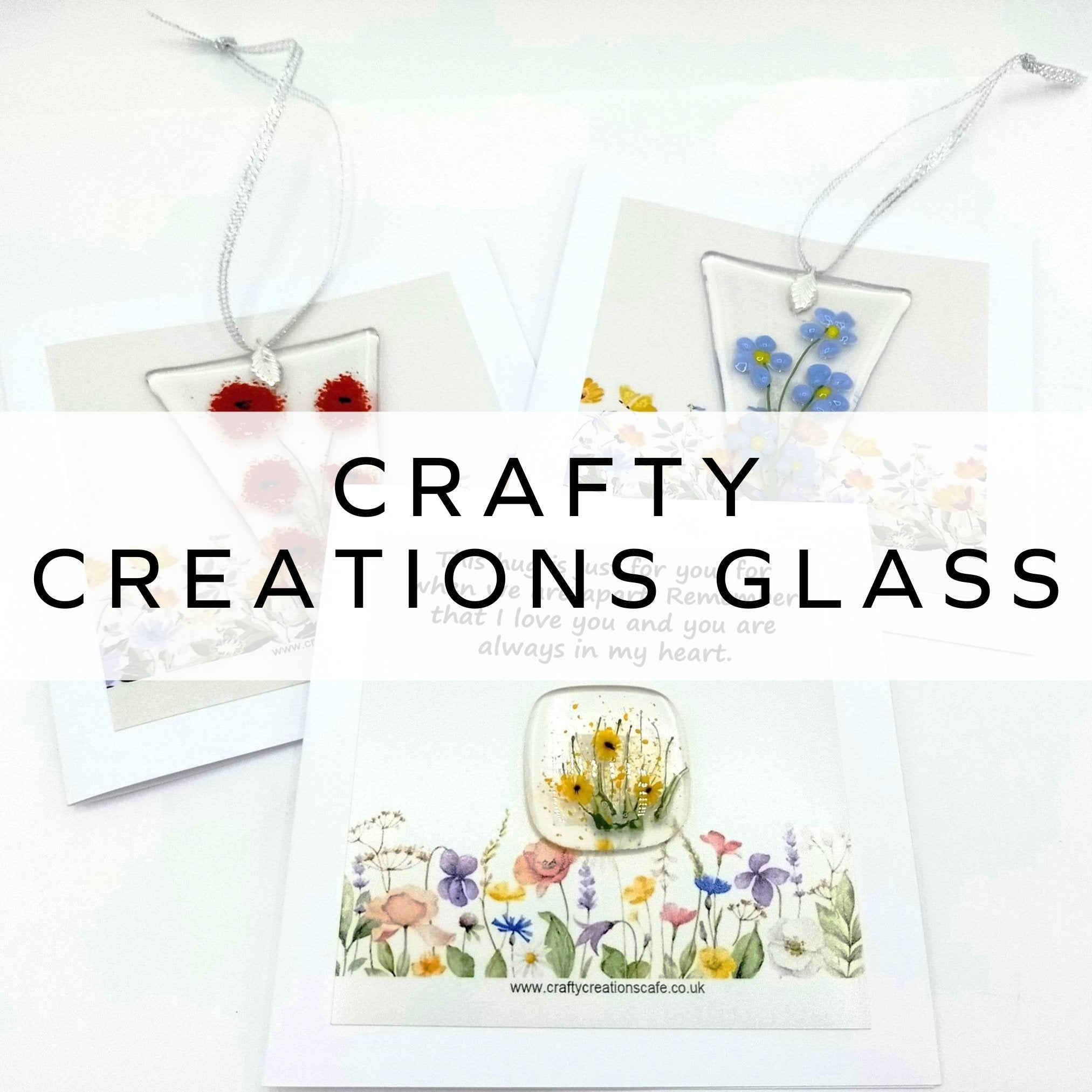 Handcrafted floral cards with colorful fused glass embellishments.