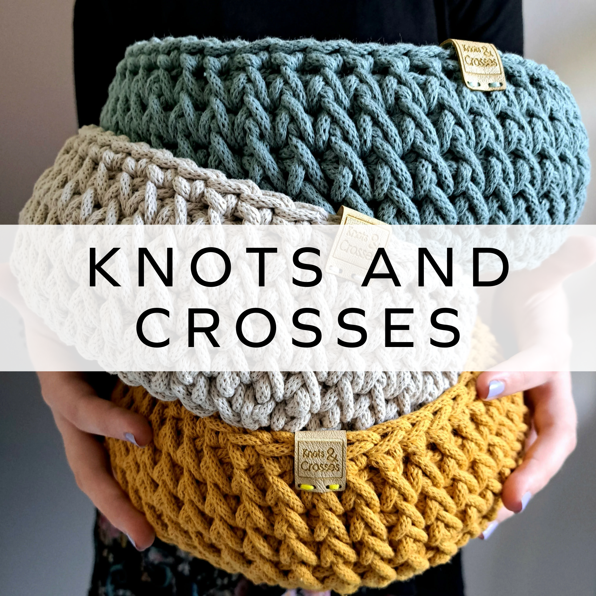 Blue, grey and yellow macrame bowls.