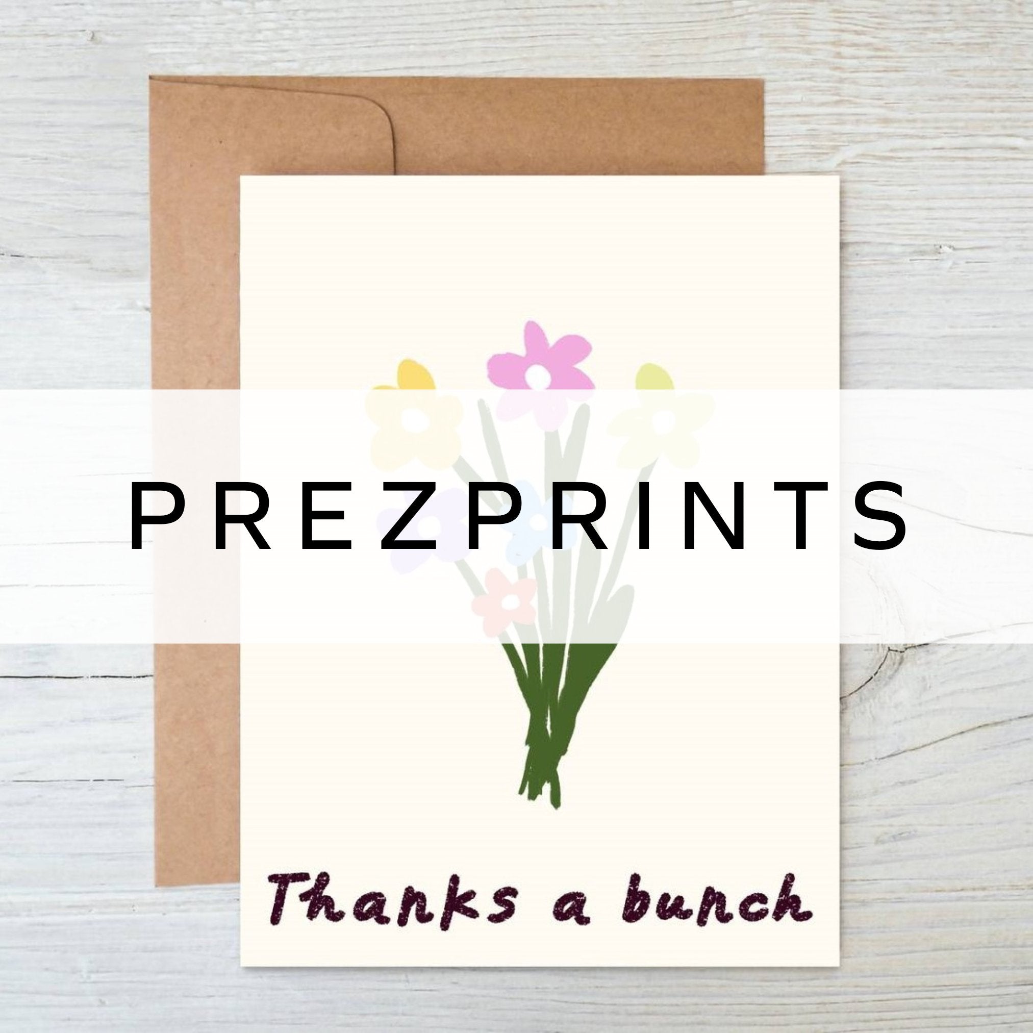 Pastel floral greeting card with 'Thanks a Bunch' message in cute lettering.