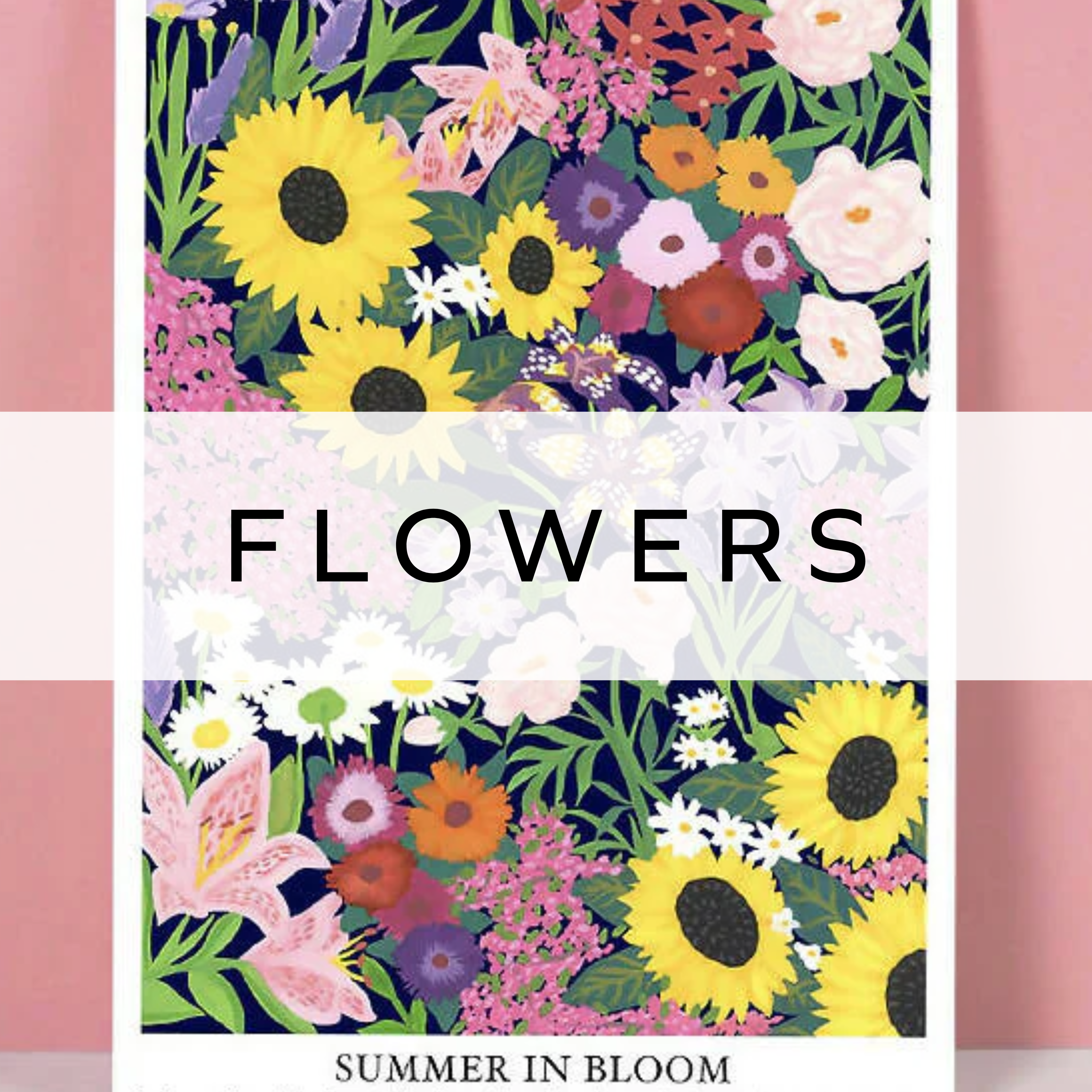 Digitally drawn print of bright summer seasonal flowers in vibrant colours.