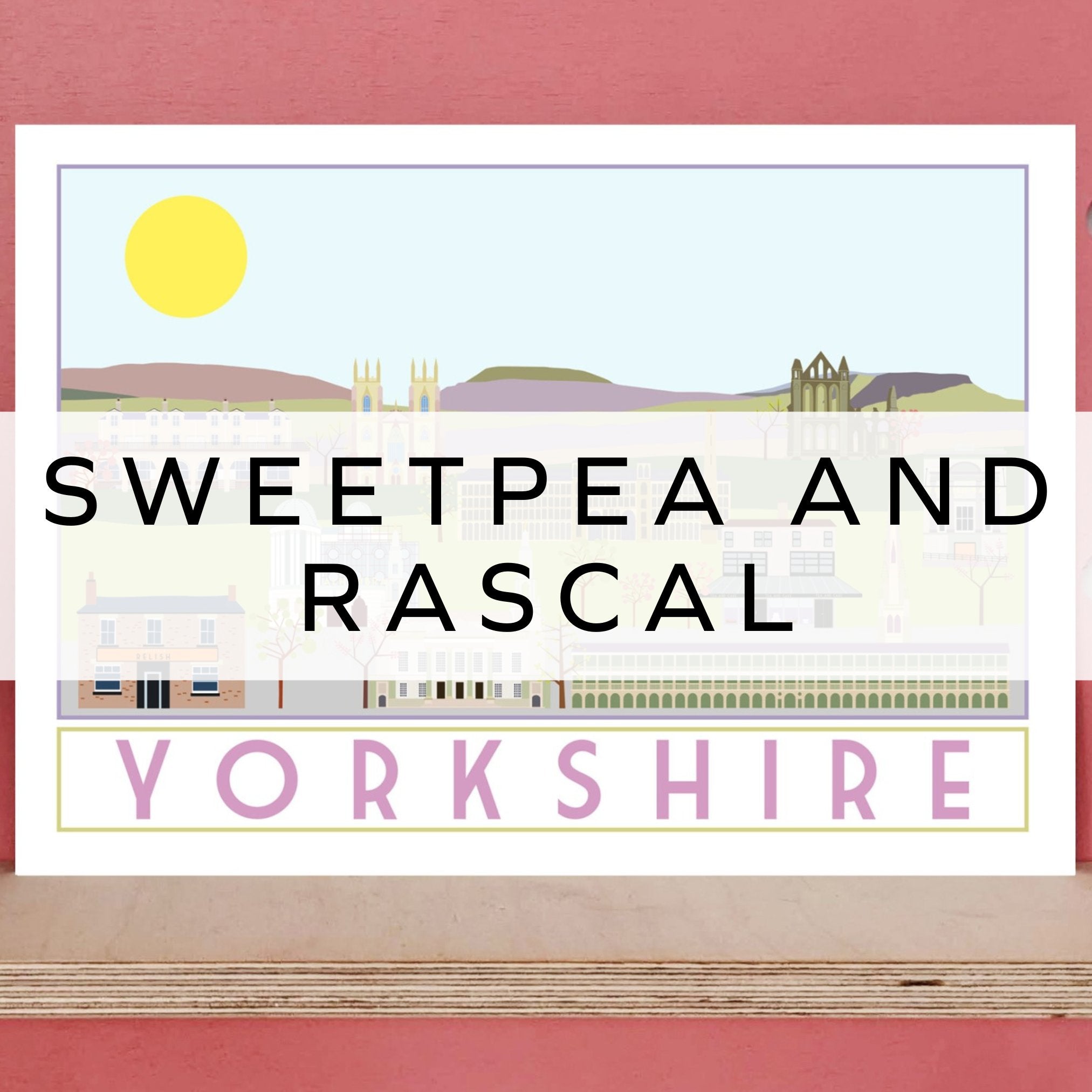 Vintage-style travel poster print featuring iconic Yorkshire landmarks with the word "Yorkshire" below, showcasing the region's beauty and charm.