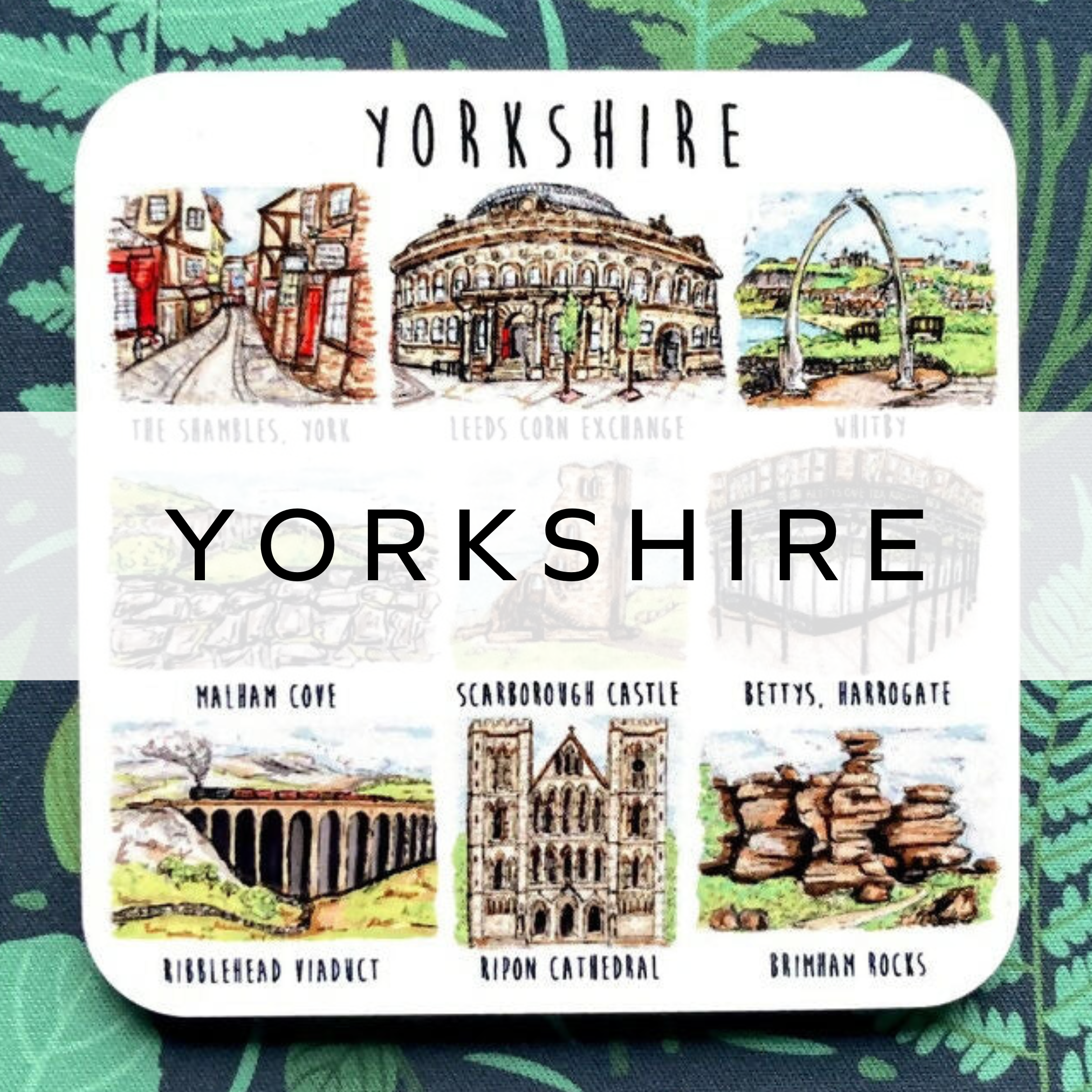 Coaster featuring illustrations of iconic Yorkshire landmarks.