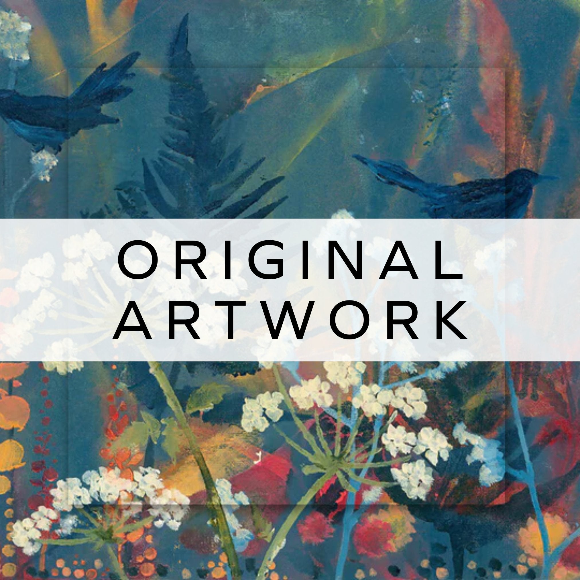 A painting of wild flowers and plants featuring bold colours.
