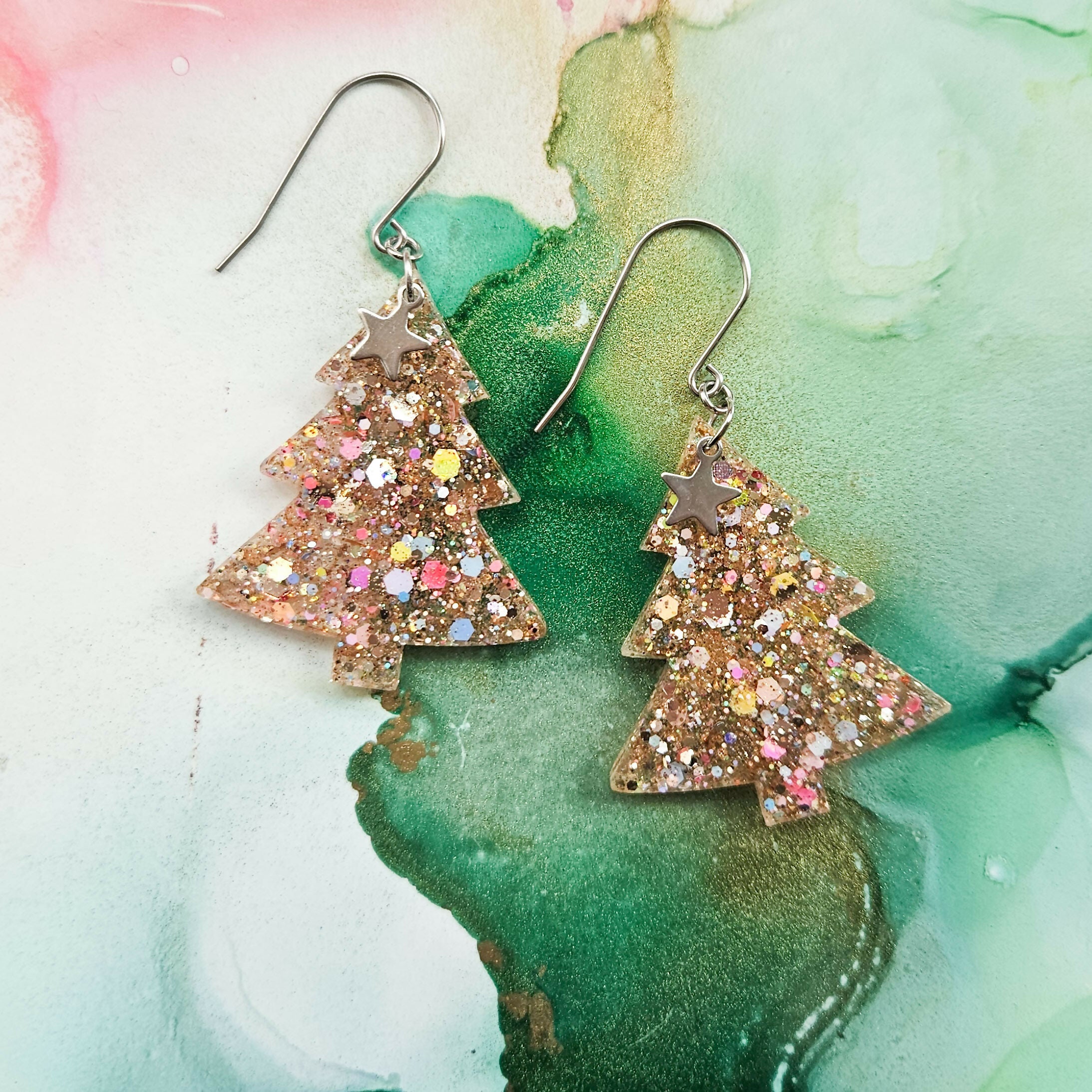 Handmade XL Glitter Resin Christmas Trees Earrings