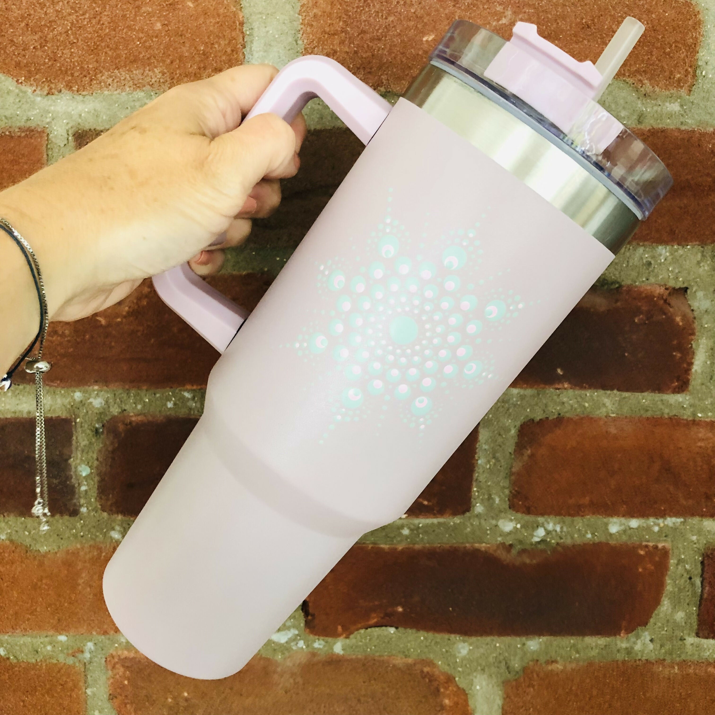 Hand Painted Dot Mandala Stanley-Style Cup with Straw: Blush Pink with Grey