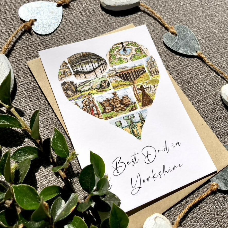 White Father's Day card with heart design featuring popular Yorkshire landmarks.