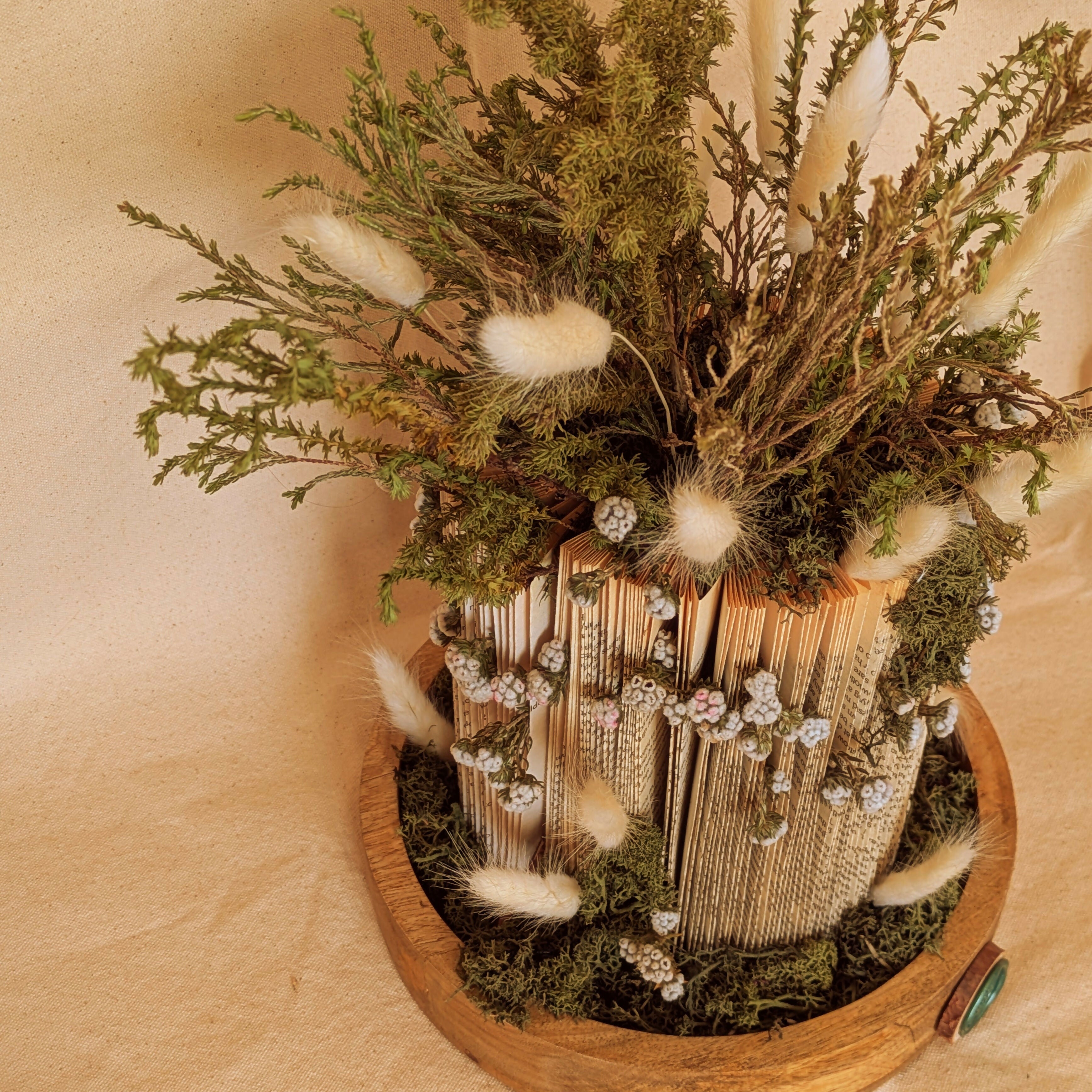 Green & White Floral Arrangement on Wooden Tray