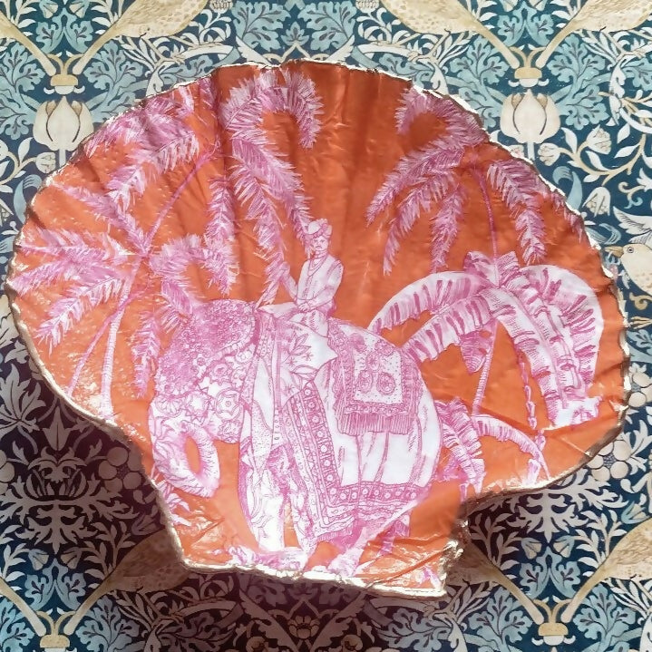 Handcrafted Red Indian Elephant Scallop Shell | Unique Decor | Art & Soul