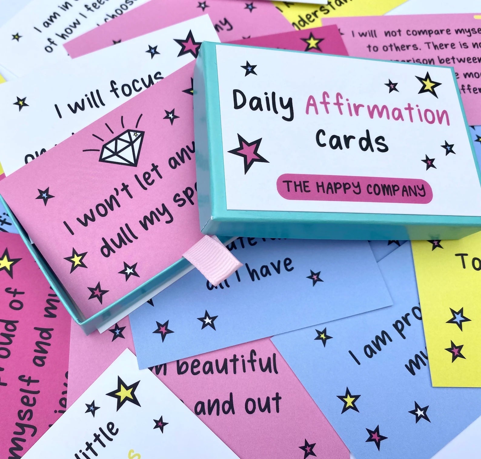 Colourful affirmation cards and box.