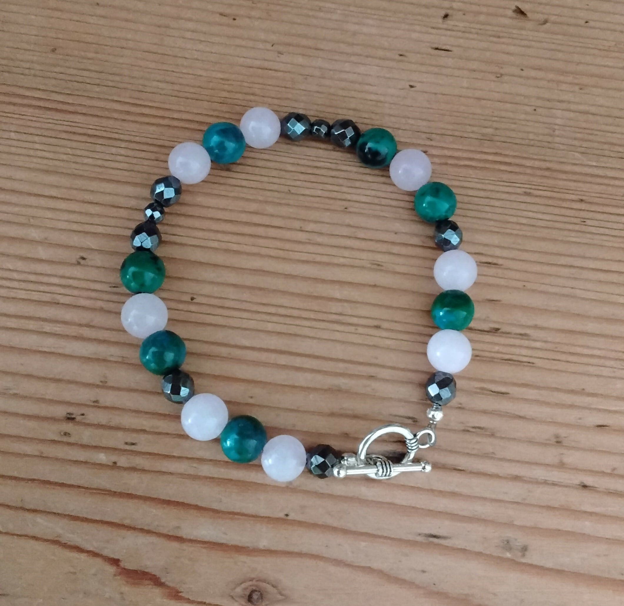 Tibetan Silver Toggle Catch Bracelet with Faceted Grey Hematite, Rose Quartz and Chrysocolla.
