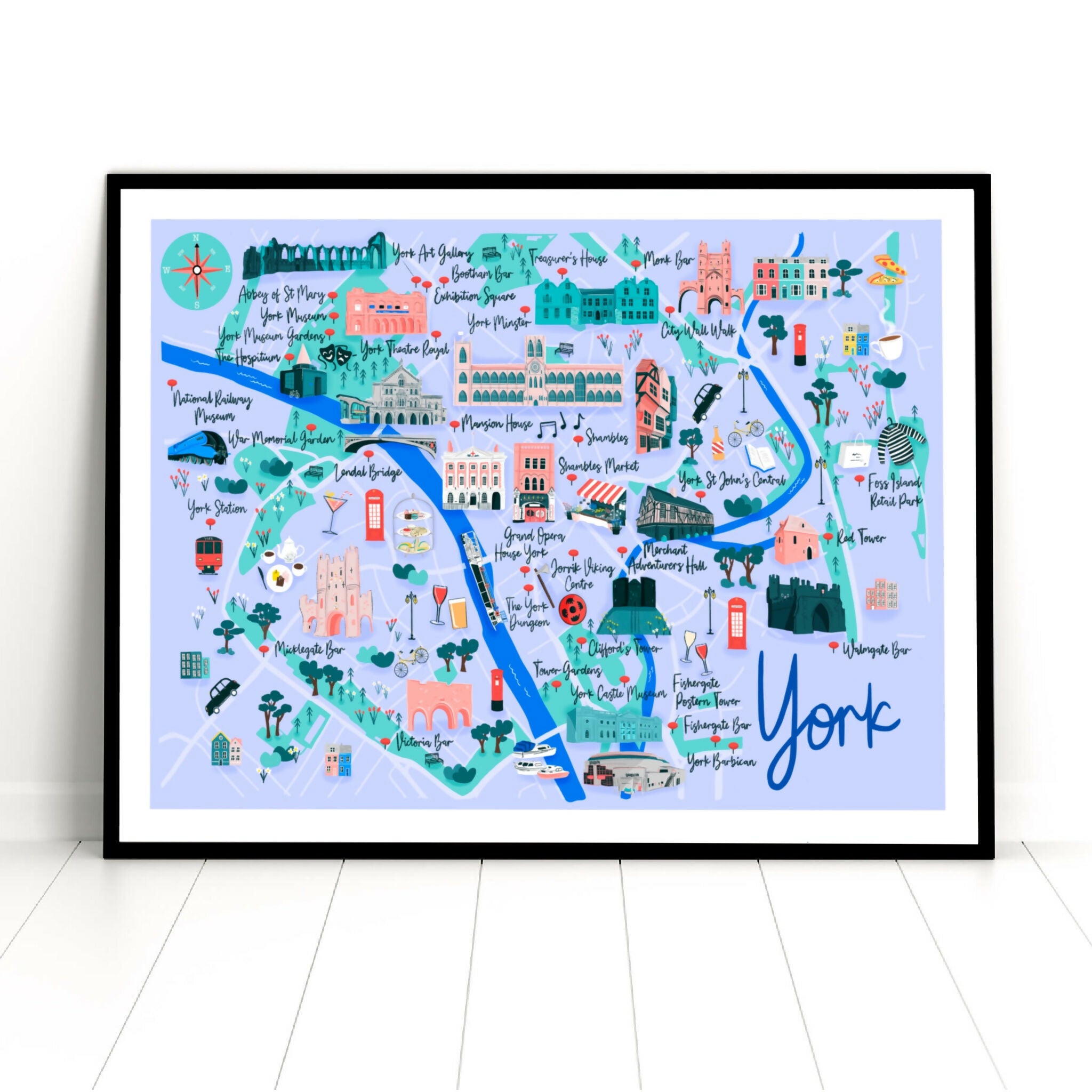 Blue and green map of York with main landmarks.