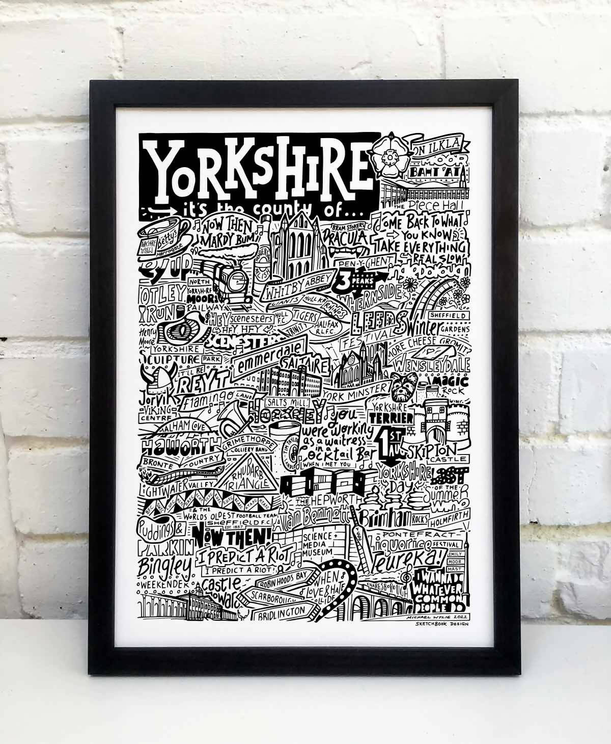 Black and white illustration of Yorkshires main landmarks.