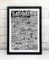 Black and white illustration of Yorkshires main landmarks.