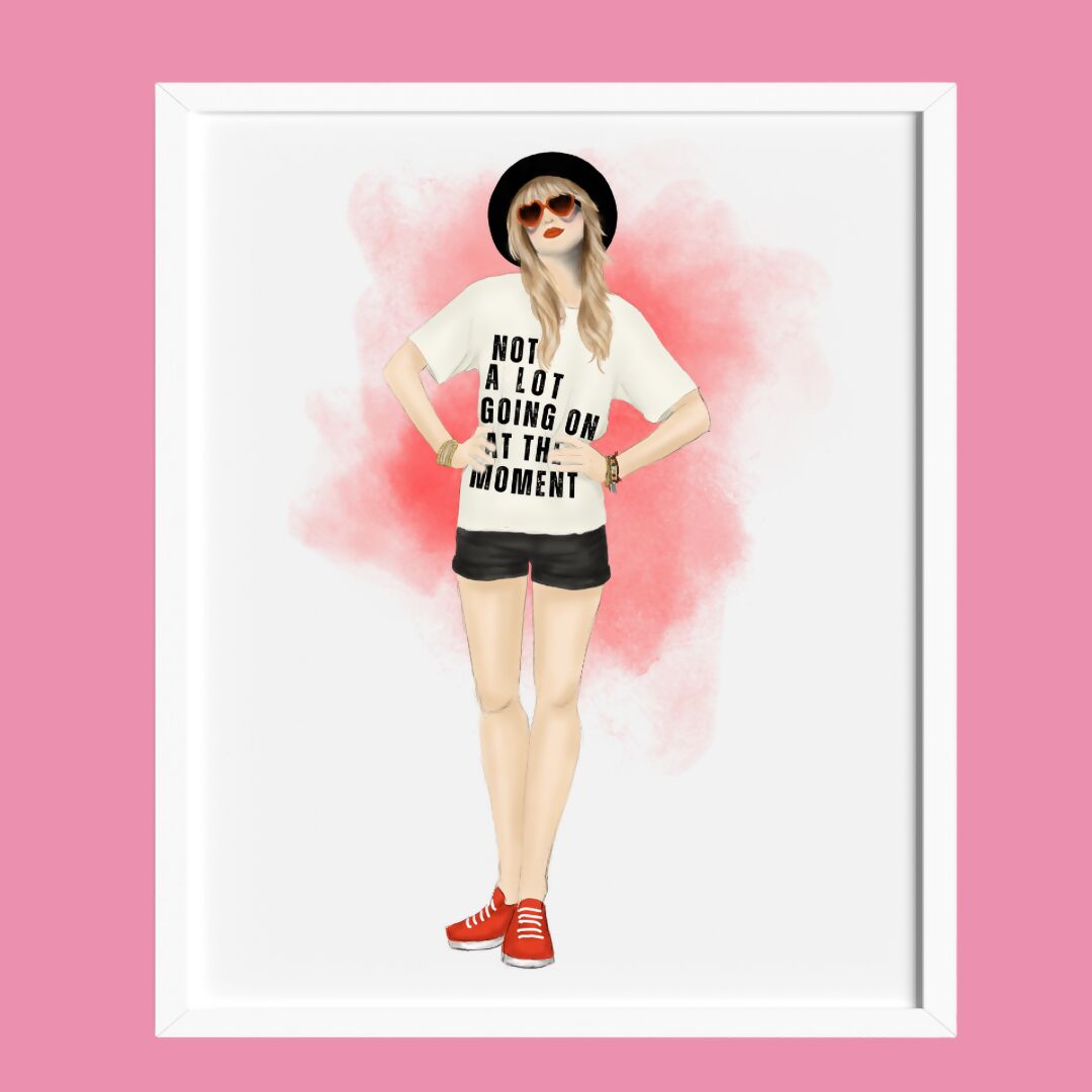 Red, black and white illustration of popular music icon.