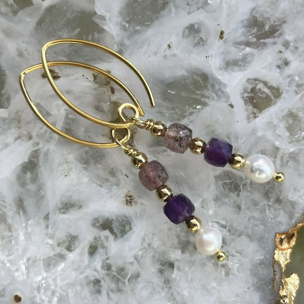Handmade Gold Vermeil Gemstone and Fresh Water Pearl Earrings