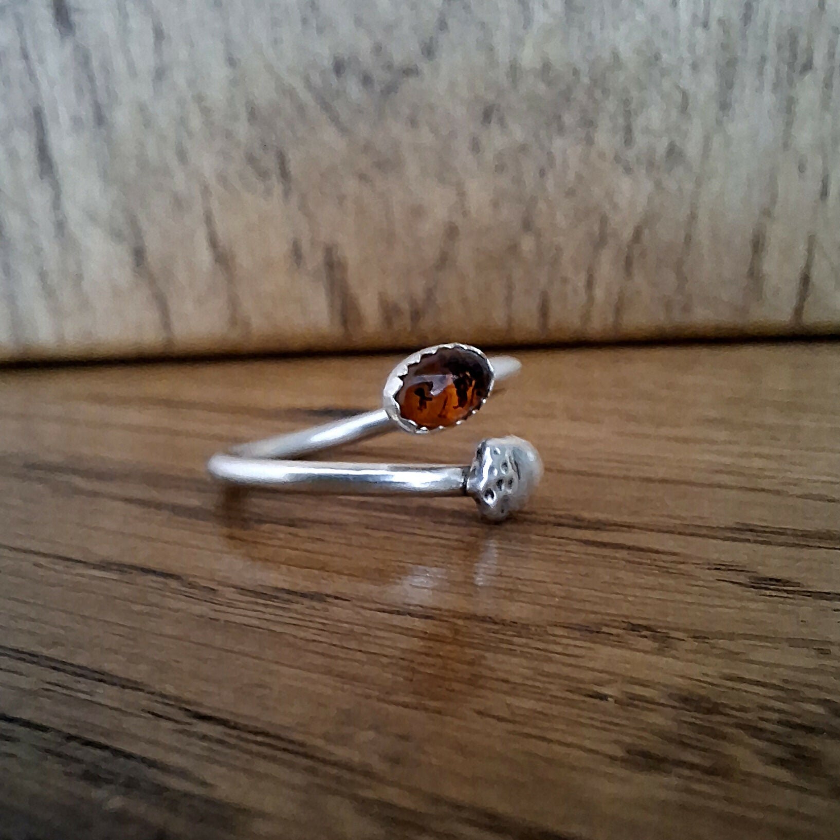 Handmade Adjustable Silver Acorn Ring With Amber, Size L½