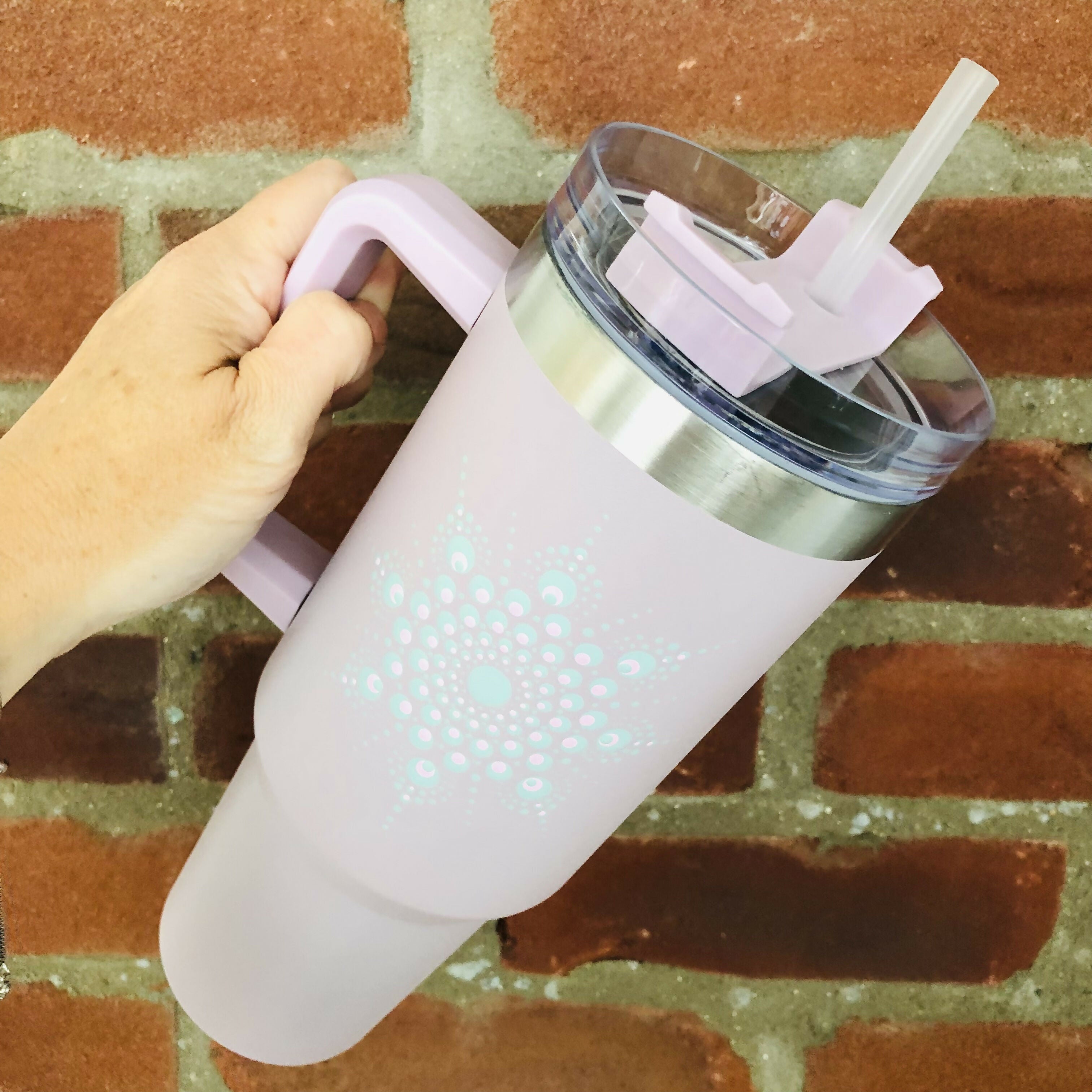 Hand Painted Dot Mandala Stanley-Style Cup with Straw: Blush Pink with Grey