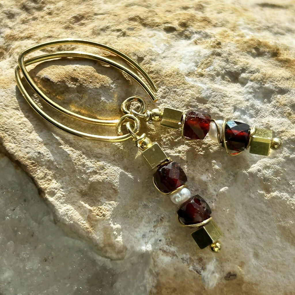 Handmade Gold Vermeil Garnet And Fresh Water Pearl Earrings