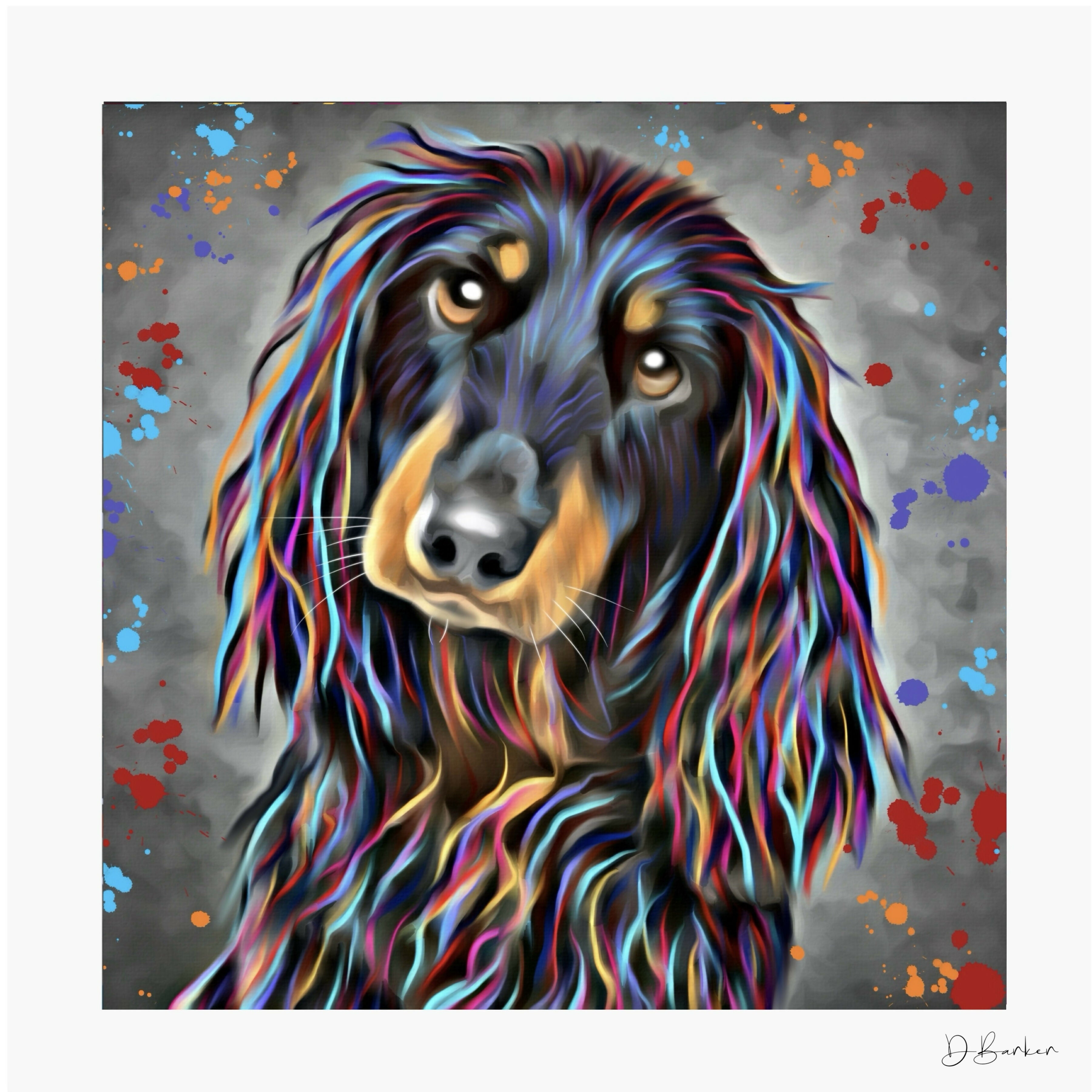 LONG HAIRED DACHSHUND DOG COLOUR SPLASH MOUNTED ARTWORK