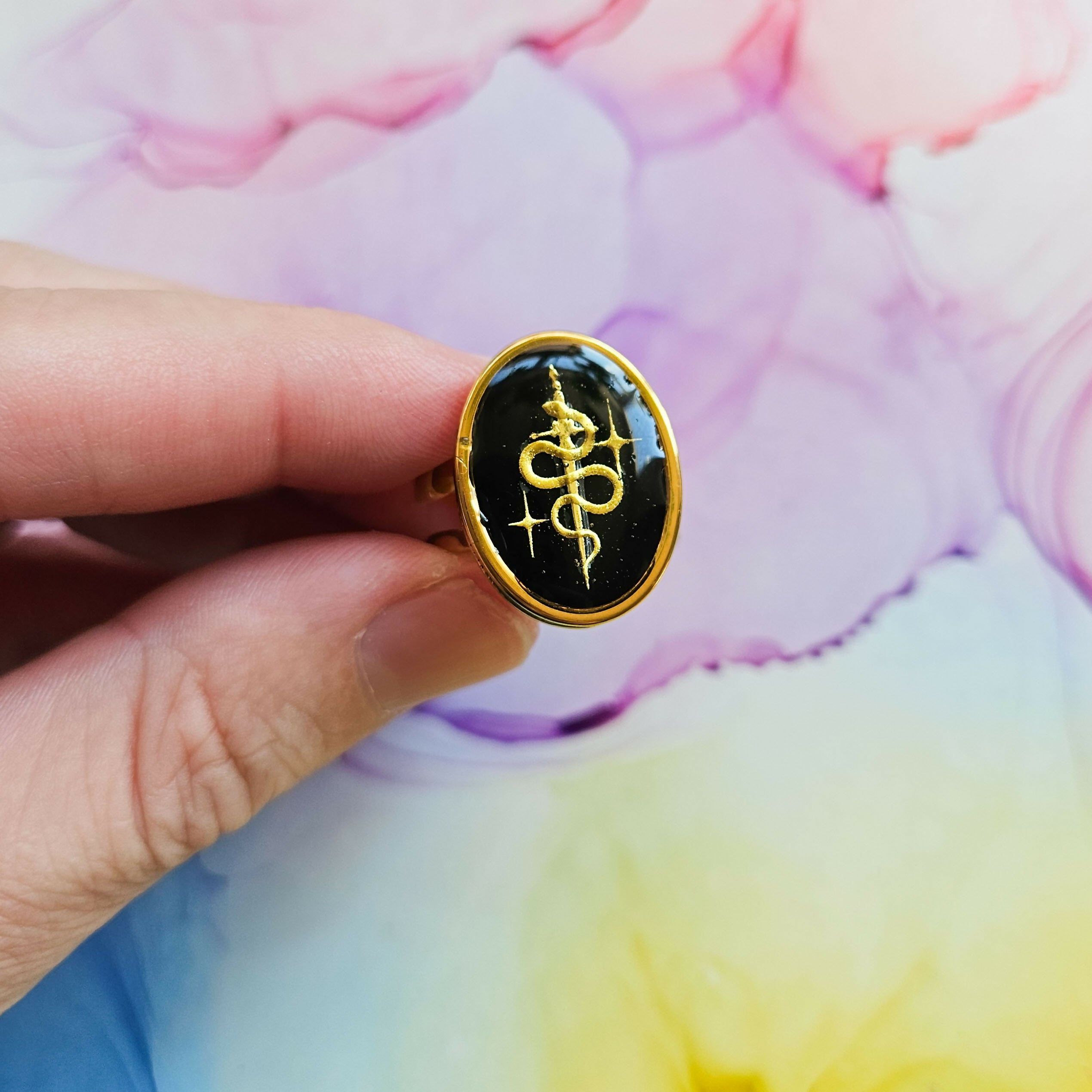 Handmade Black And Gold Snake Resin And Stainless Steel Ring